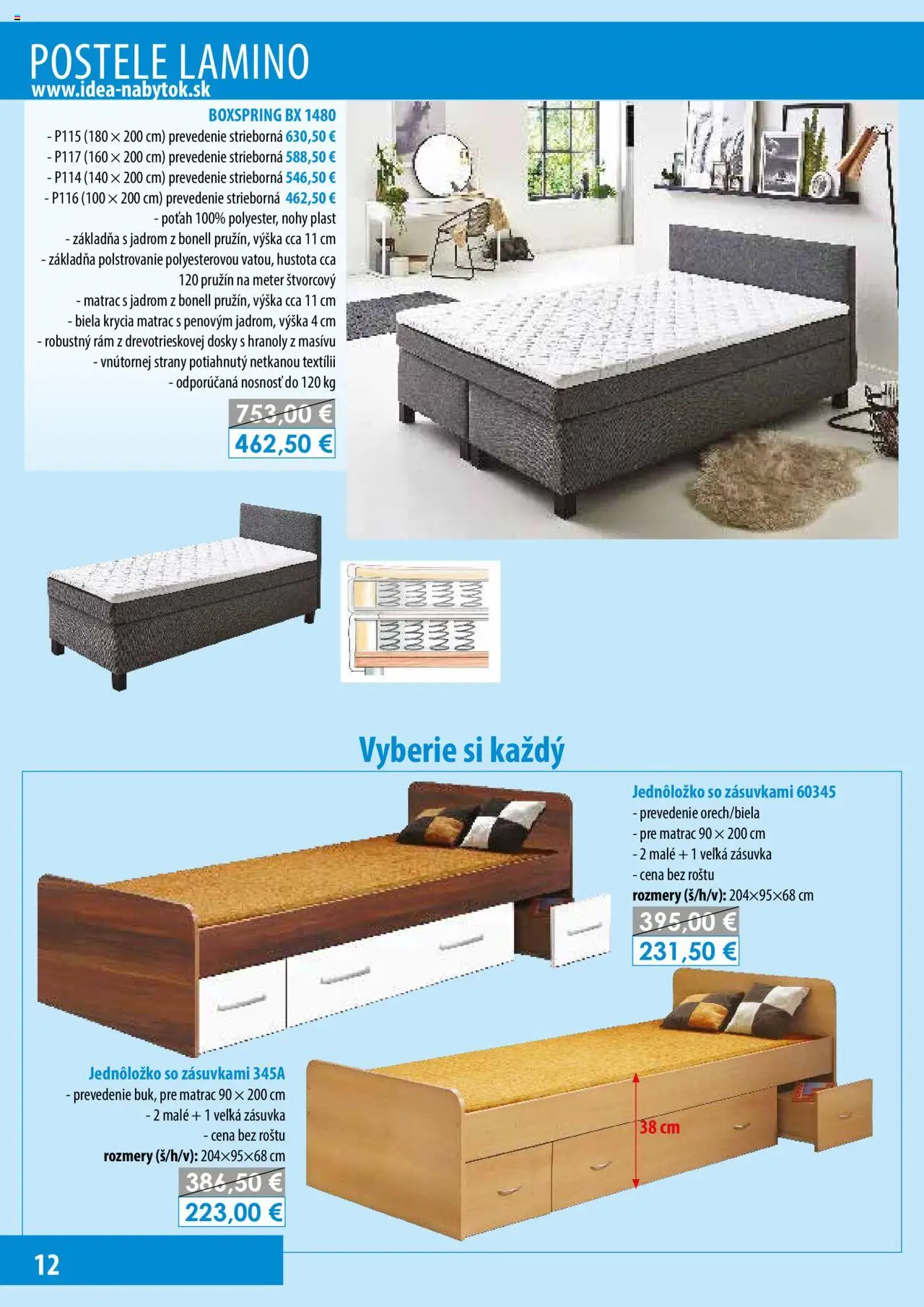Nové IDEA nábytok akcie – leták je platný od 15.02.2025 | Strana: 12 | Produkty: Matrac, Postele, Rám, Zásuvka