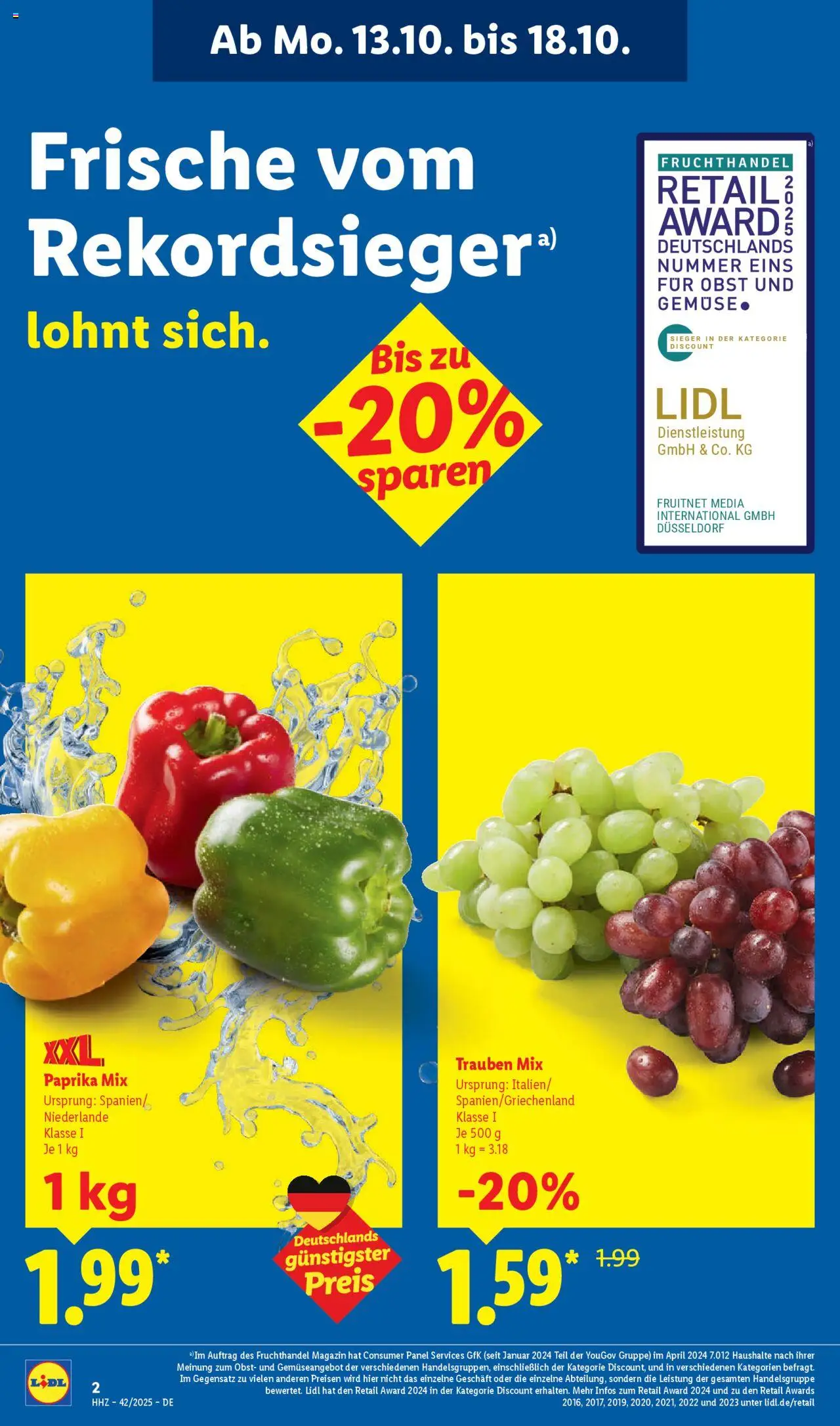 Lidl Prospekt Grimma – gültig ab 13.10.2025 | Seite: 2 | Produkte: Trauben, Gemüse, Paprika, Obst