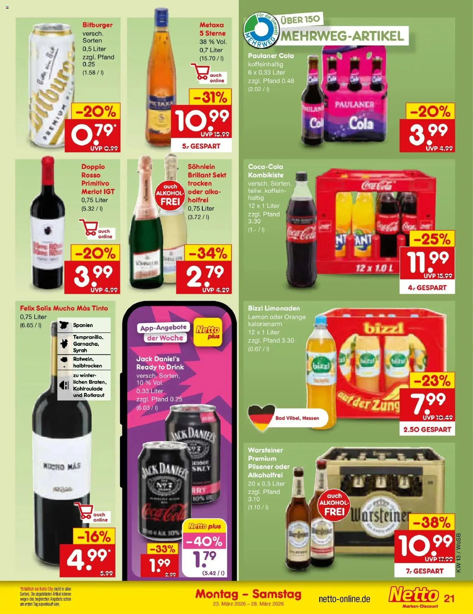 Netto Marken-Discount Prospekt Lahnau	 – gültig ab 23.03.2026 | Seite: 23 | Produkte: Bitburger, Cola, Jack Daniel's, Metaxa