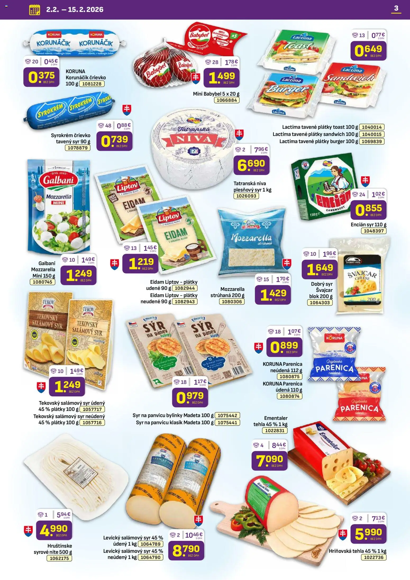 Nové Libex akcie – leták je platný od 02.02.2026 | Strana: 3 | Produkty: Syr, Eidam, Mozzarella, Encián