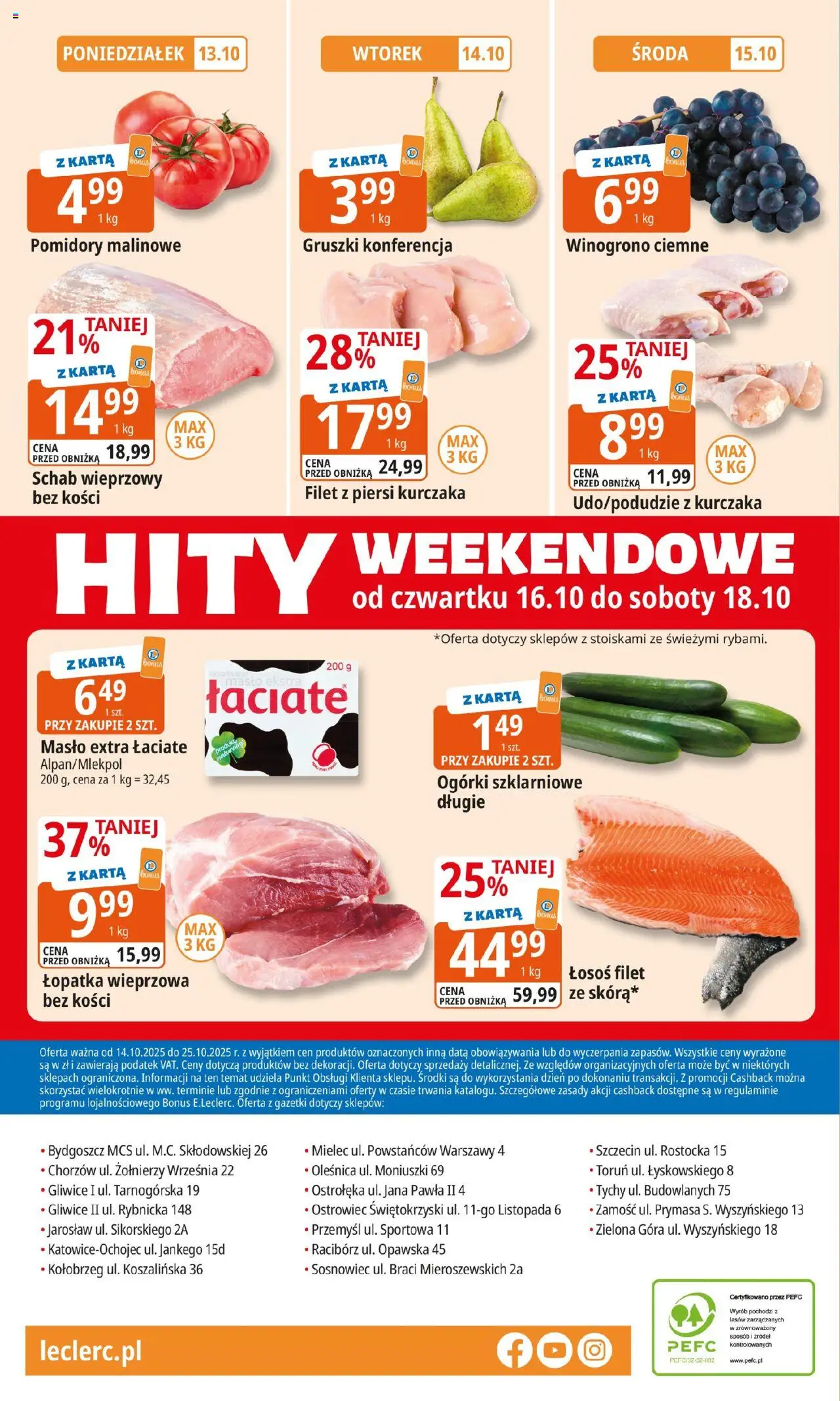 E.Leclerc Gazetka - Zielona Góra od 14.10.2025 | Strona: 24 | Produkty: Schab, Piersi, Łosoś, Filet z piersi kurczaka