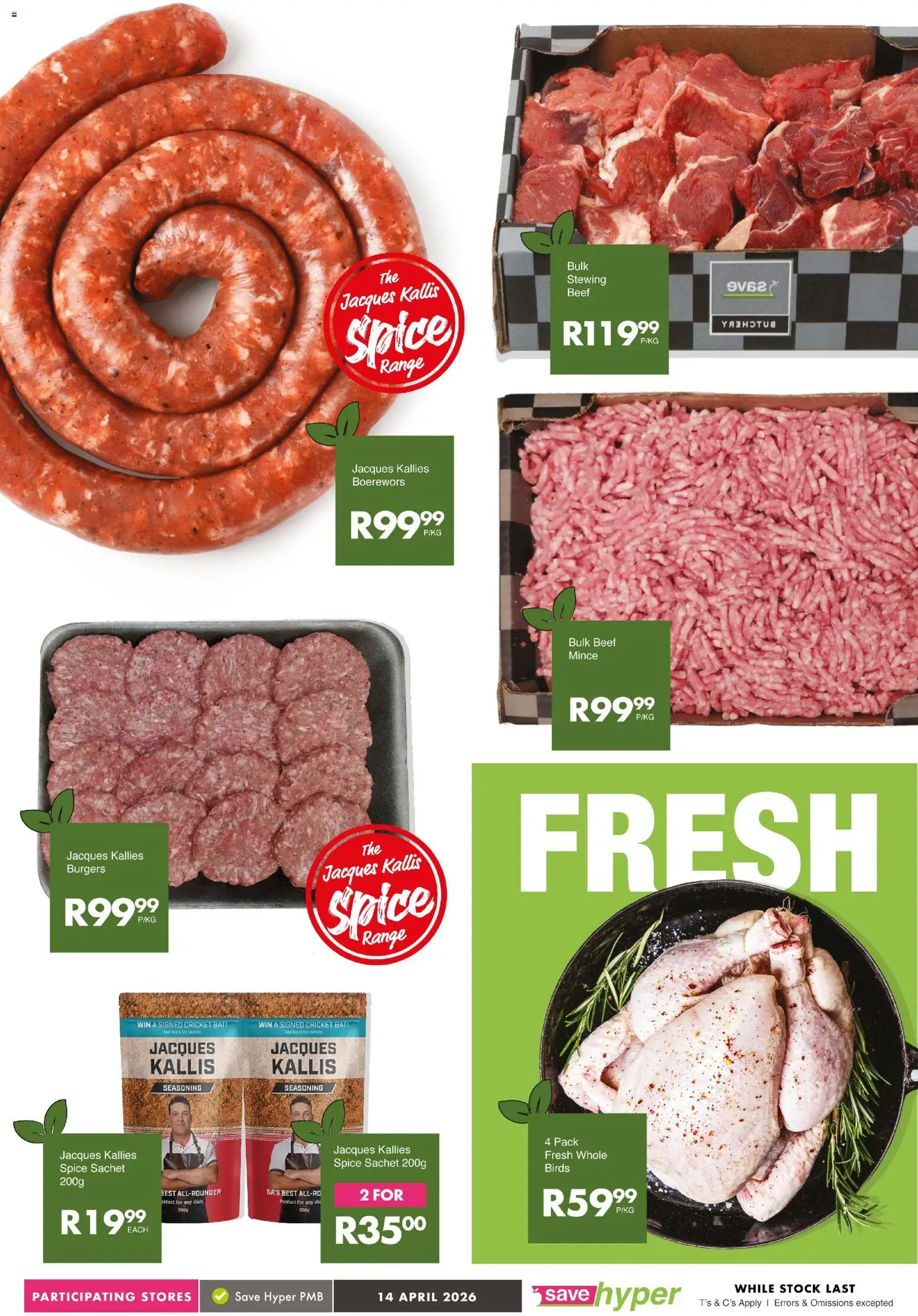 New Save catalogue – valid from 14.04.2026 | Page: 8 | Products: Boerewors, Burgers, Seasoning, Stock