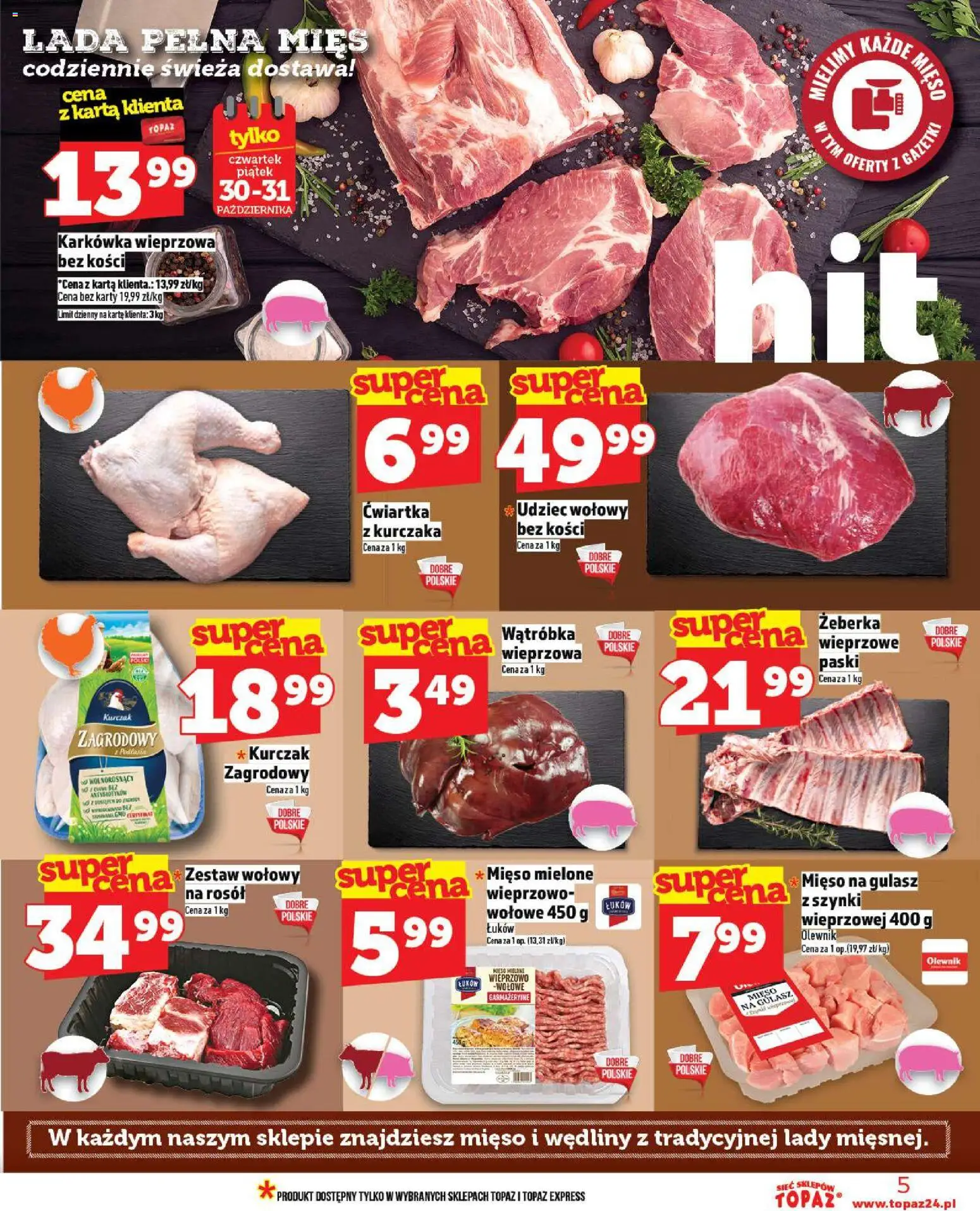 Topaz Gazetka - Ceny małe na stałe od 30.10.2025 | Strona: 5 | Produkty: Karta, Karkówka wieprzowa, Mięso, Kurczak zagrodowy