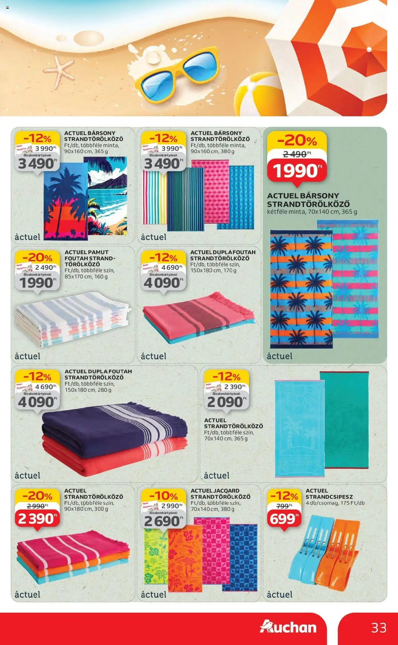 Auchan akciós ujság - amely érvényes a következő dátumtól: 19.06.2025 | Oldal: 33 | Termékek: Törölköző, Strandtörölköző