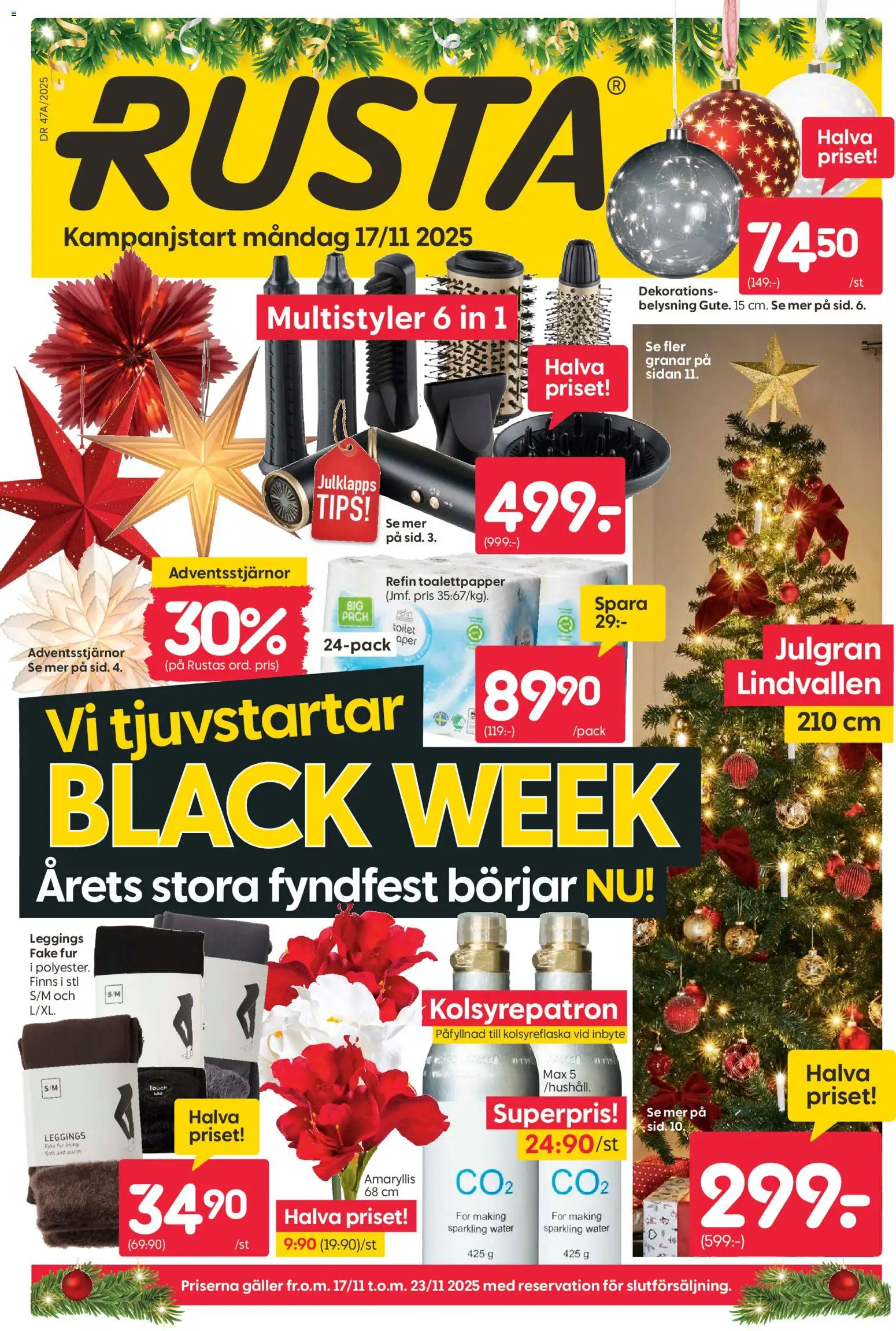 Rusta reklamblad aktuell från 17.11.2025 | Sida: 1 | Produkter: Toalettpapper, Galler, Leggings, Kolsyrepatron