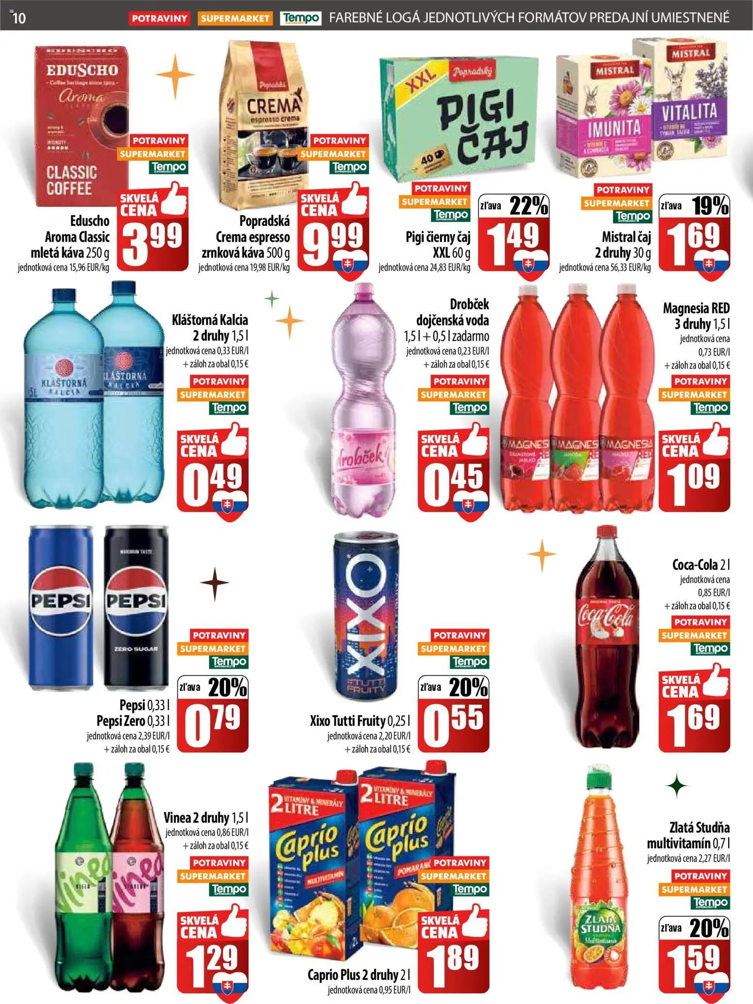Nové COOP Jednota akcie – leták je platný od 22.12.2025 | Strana: 10 | Produkty: Voda, Coca cola, Pepsi, Zrnková káva