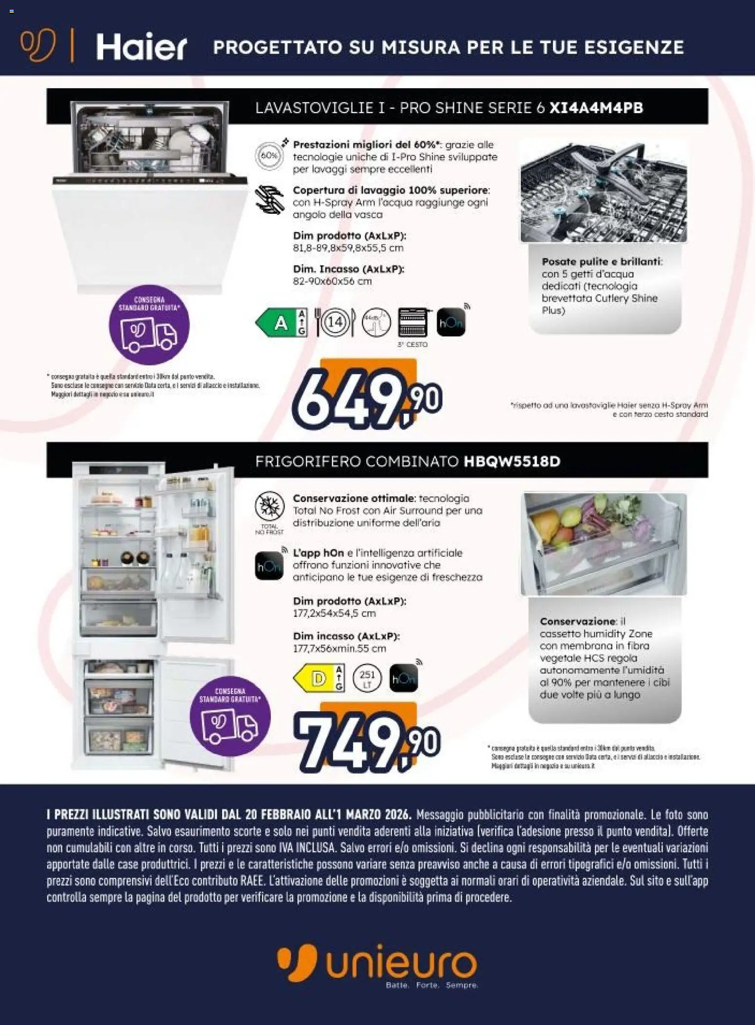 Volantino Unieuro del 20.02.2026 | Pagina: 12 | Prodotti: Posate, Lavastoviglie, Data, Frigorifero