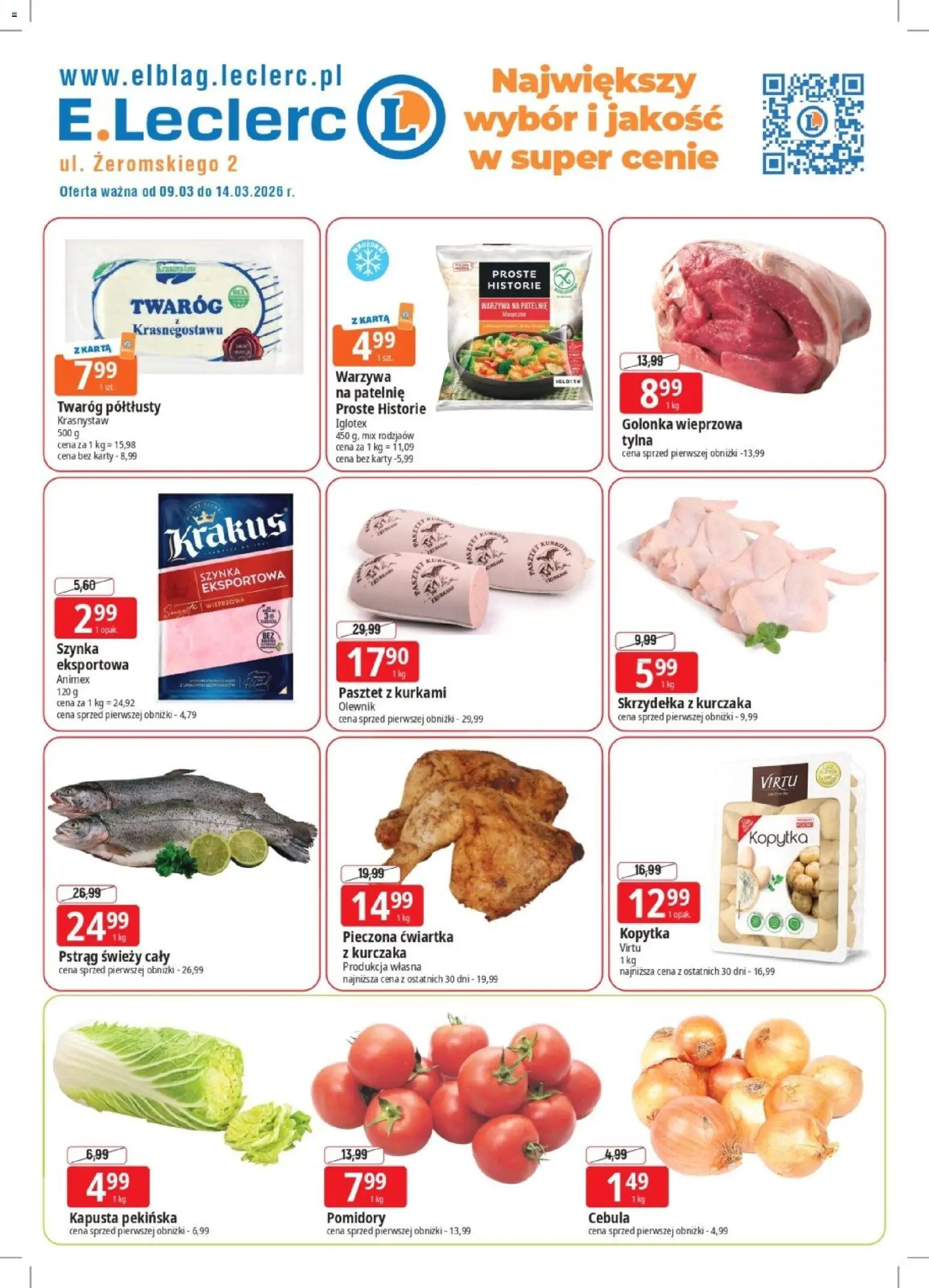 E.Leclerc gazetka - Elbląg od 09.03.2026 | Strona: 1 | Produkty: Pstrąg, Patelnie, Twaróg, Warzywa