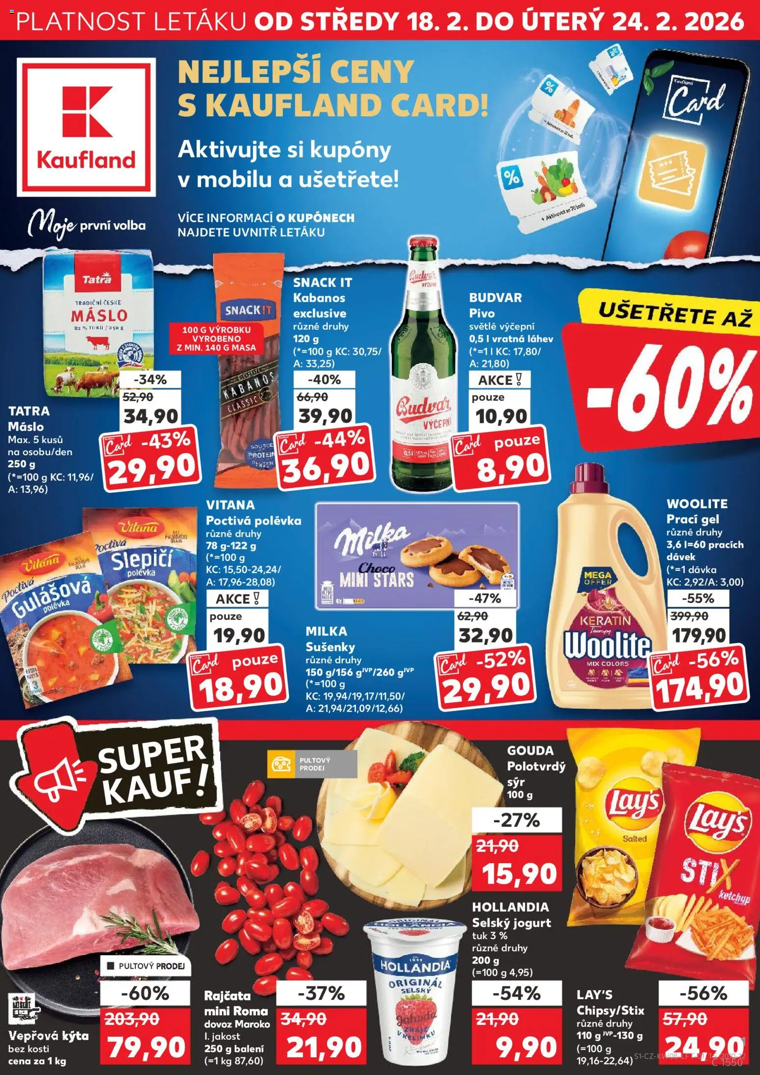 Kaufland leták od 18.02.2026 | Strana: 1 | Produkty: Máslo, Pivo, Kýta bez kosti, Láhev