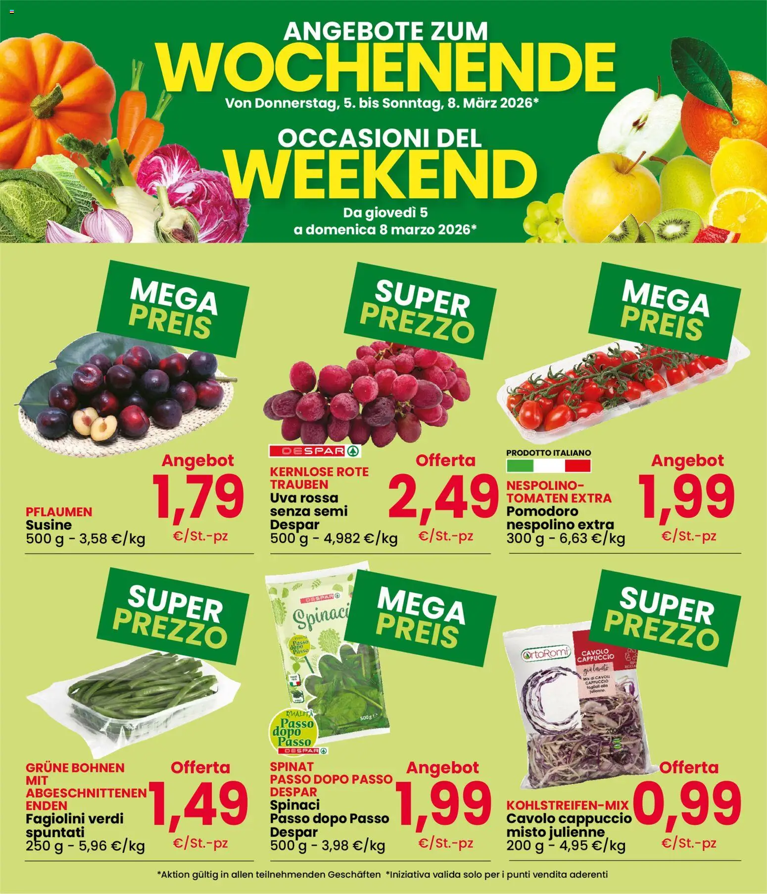 Volantino Despar del 05.03.2026 | Pagina: 2 | Prodotti: Pomodoro, Uva, Cappuccio, Susine