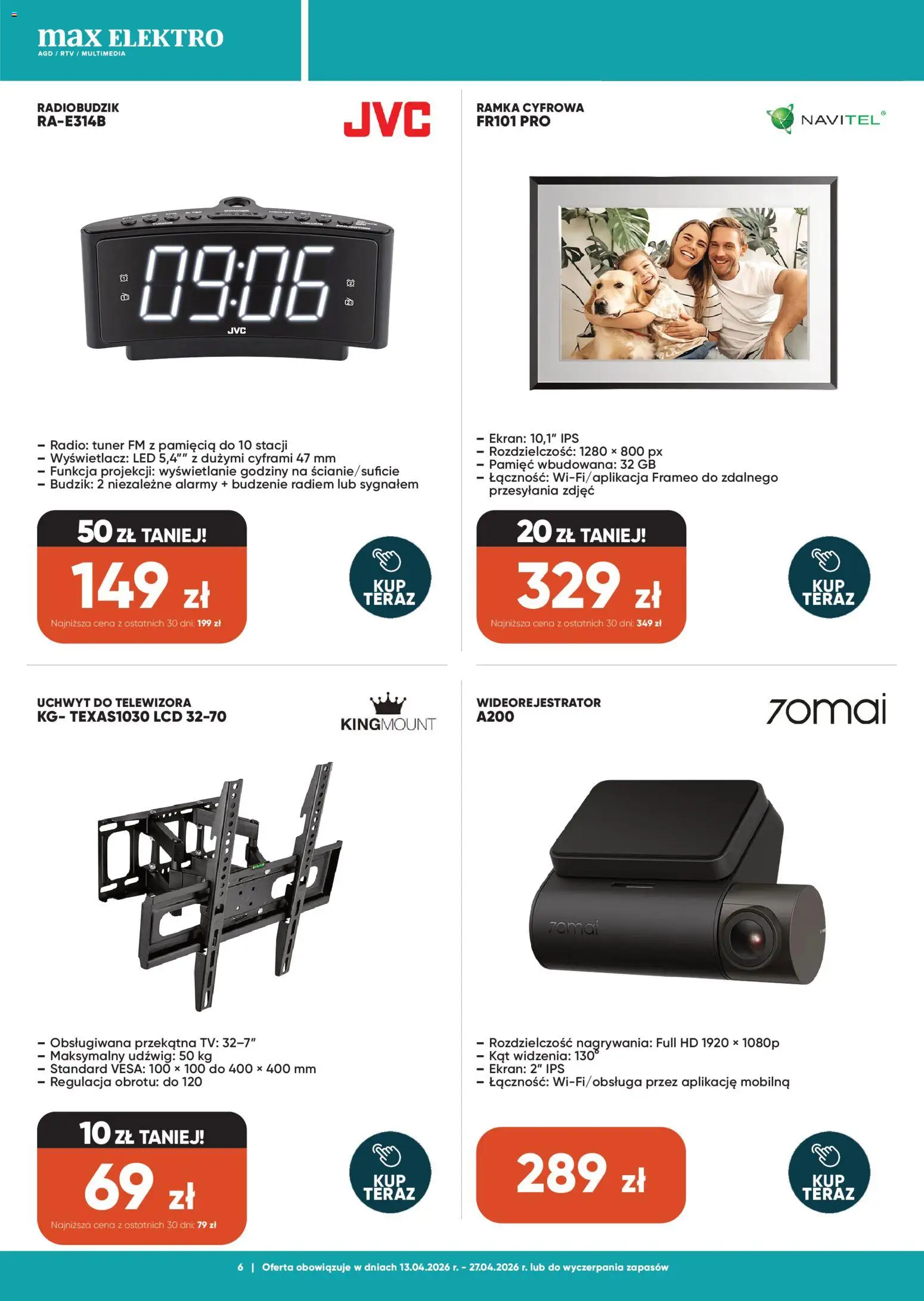 Max elektro gazetka od 13.04.2026 | Strona: 6 | Produkty: Radio, Budzik, Ramka
