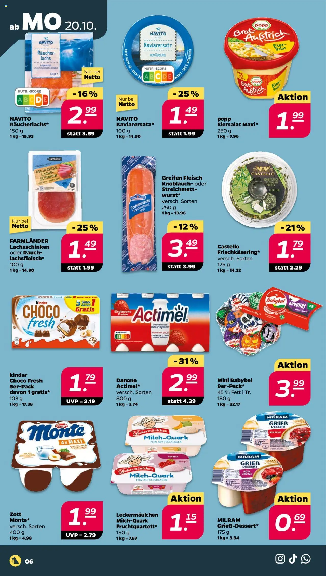 Netto Prospekt 	 – gültig ab 20.10.2025 | Seite: 6 | Produkte: Lachs, Zwiebeln, Milram, Brot