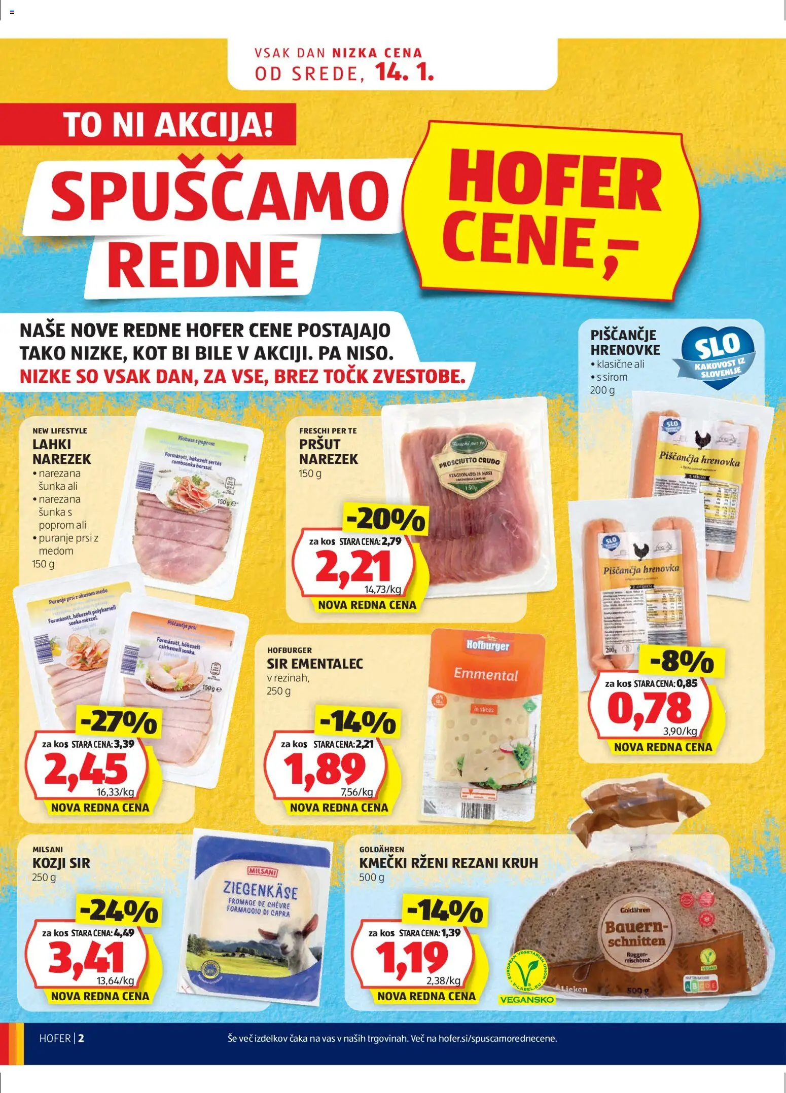 Novi Hofer katalog ponudbe – veljaven od 14.01.2026 | Stran: 2 | Izdelki: Hrenovke, Ementalec, Kruh, Sunka