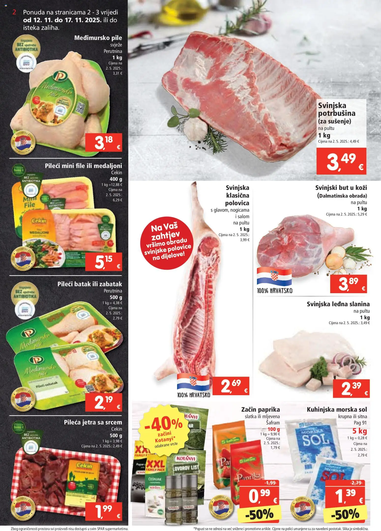 Spar katalog | vrijedi od 12.11.2025 | Stranica: 2 | Proizvodi: Svinjski but, Slanina, Paprika, Začini