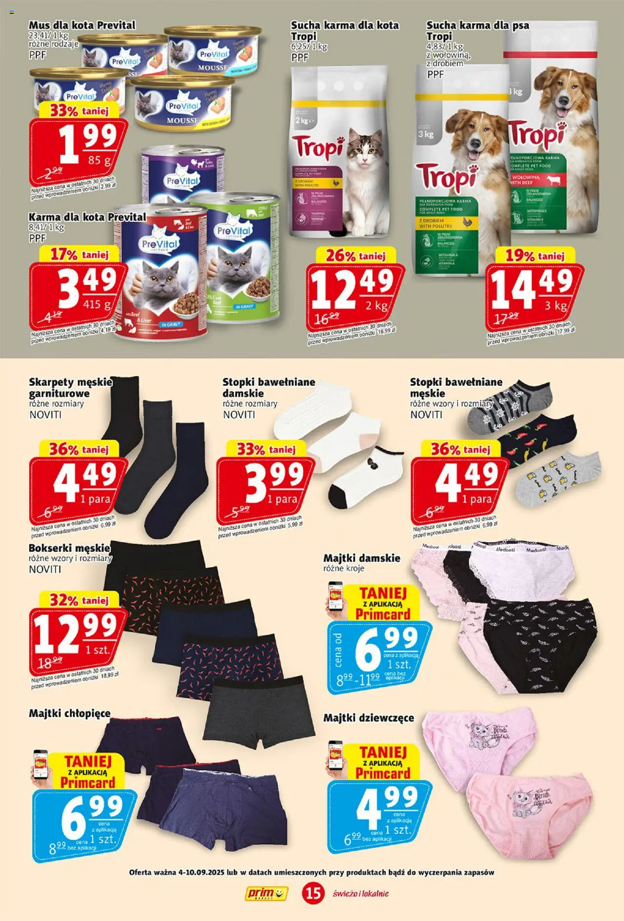 Prim Market Gazetka od 04.09.2025 | Strona: 15 | Produkty: Skarpety męskie, Karma dla kota, Karma dla psa, Sucha karma dla psa