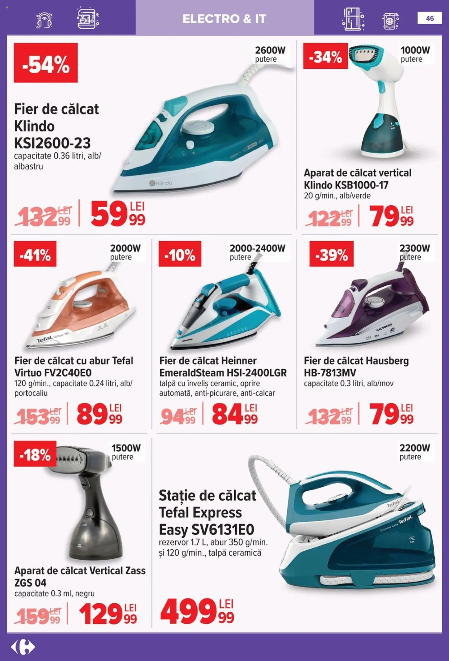 Noul catalog Carrefour – valabil de la 14.01.2026 | Pagină: 46 | Produse: Aparat de călcat, Fier de călcat