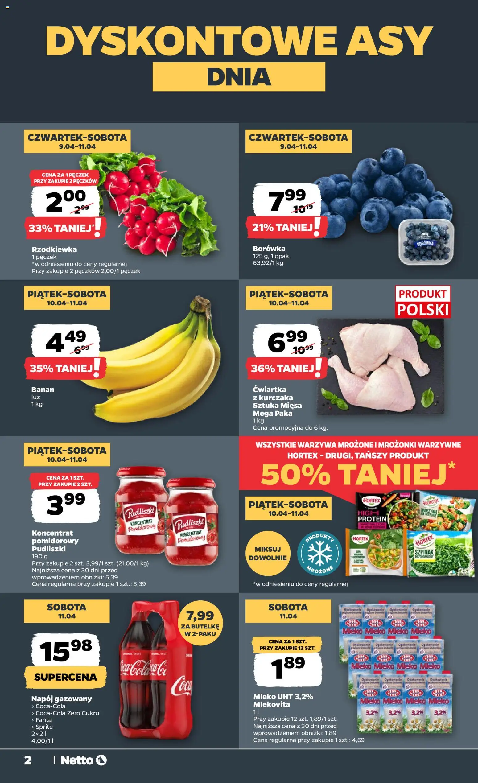 Netto gazetka od czwartku spożywcza od 09.04.2026 | Strona: 2 | Produkty: Sprite, Szpinak, Mleko, Warzywa