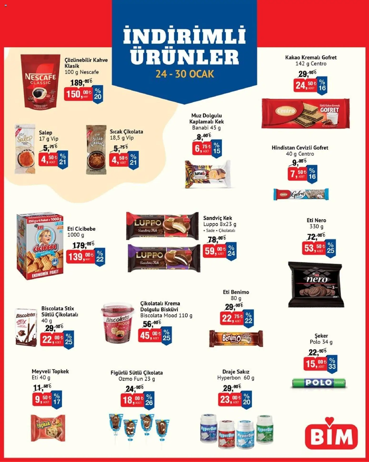 BİM İndirimli Ürünler - 24.01.2026 tarihinden itibaren geçerlidir | Sayfa: 1 | Ürünler: Kahve, Muz, Krema, Sıcak çikolata