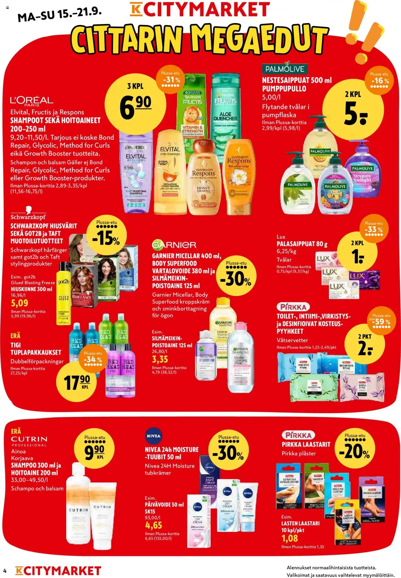 K-Citymarket tarjoukset – voimassa 15.09.2025 alkaen | Sivu: 4 | Tuotteet: Pyyhkeet, Shampoo, Vartalovoide, Laastari