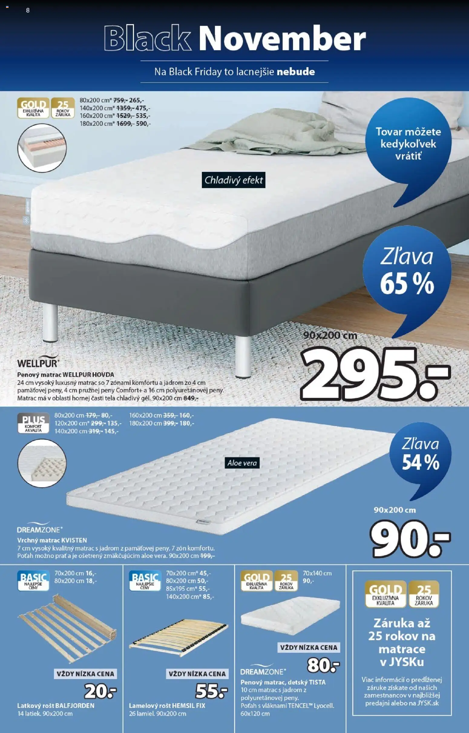 Nové JYSK akcie – leták je platný od 10.11.2025 | Strana: 8 | Produkty: Matrace, Matrac, Vrchný matrac, Rošt