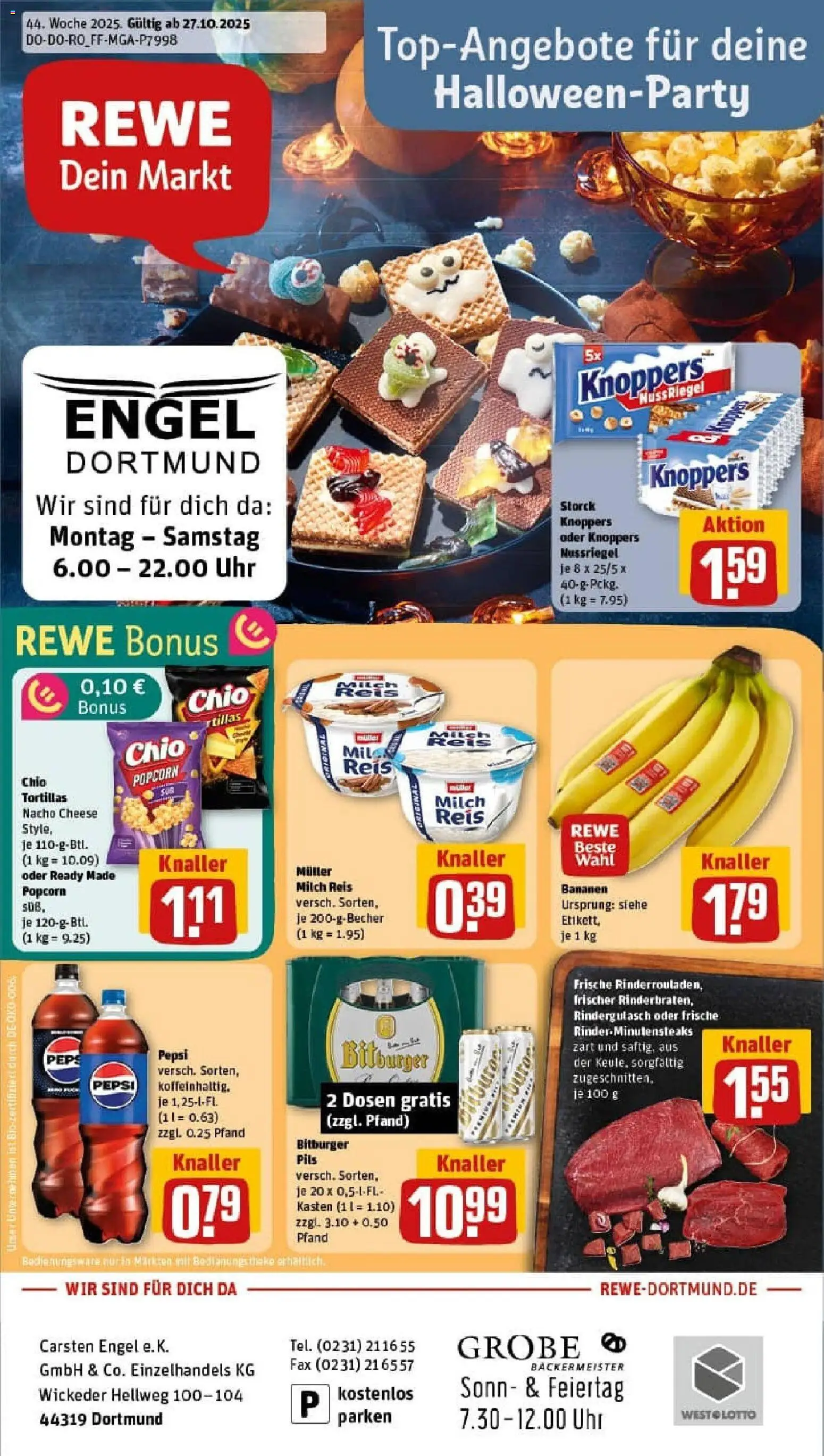 Rewe prospekt Dortmund	 – gültig ab 26.10.2025 | Seite: 1 | Produkte: Rindergulasch, Theke, Chio tortillas, Uhr