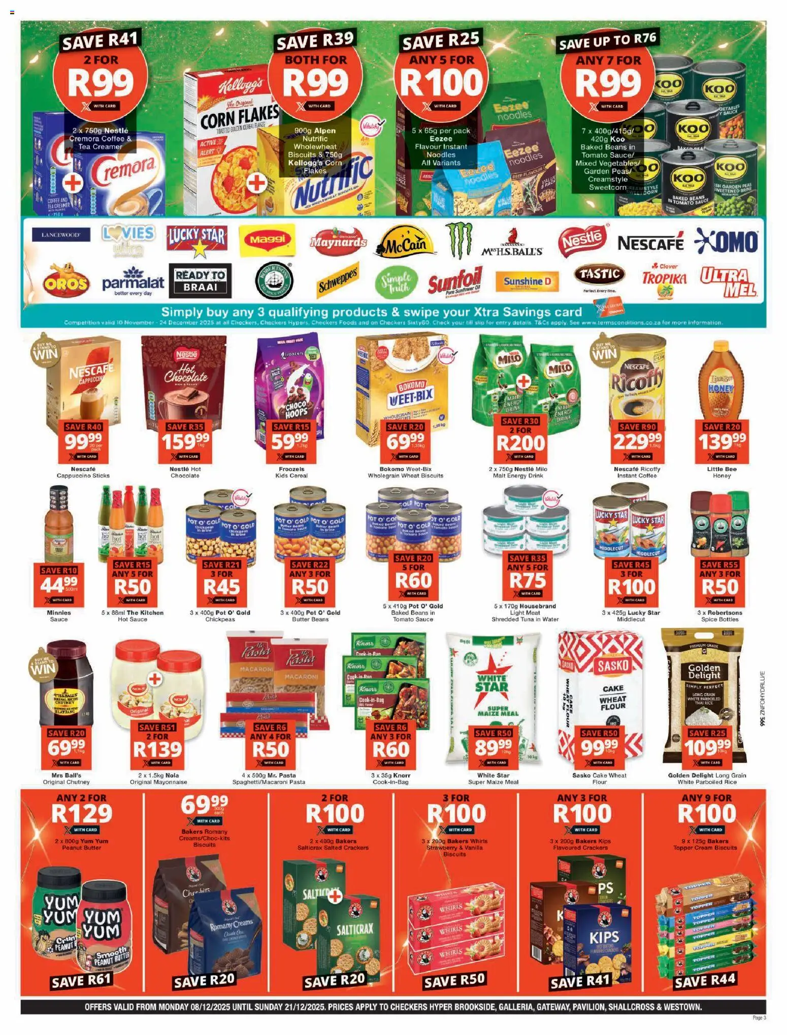 New Checkers catalogue – valid from 08.12.2025 | Page: 3 | Products: Tuna, Maize meal, Peanut butter, Estuche organizador de viaje