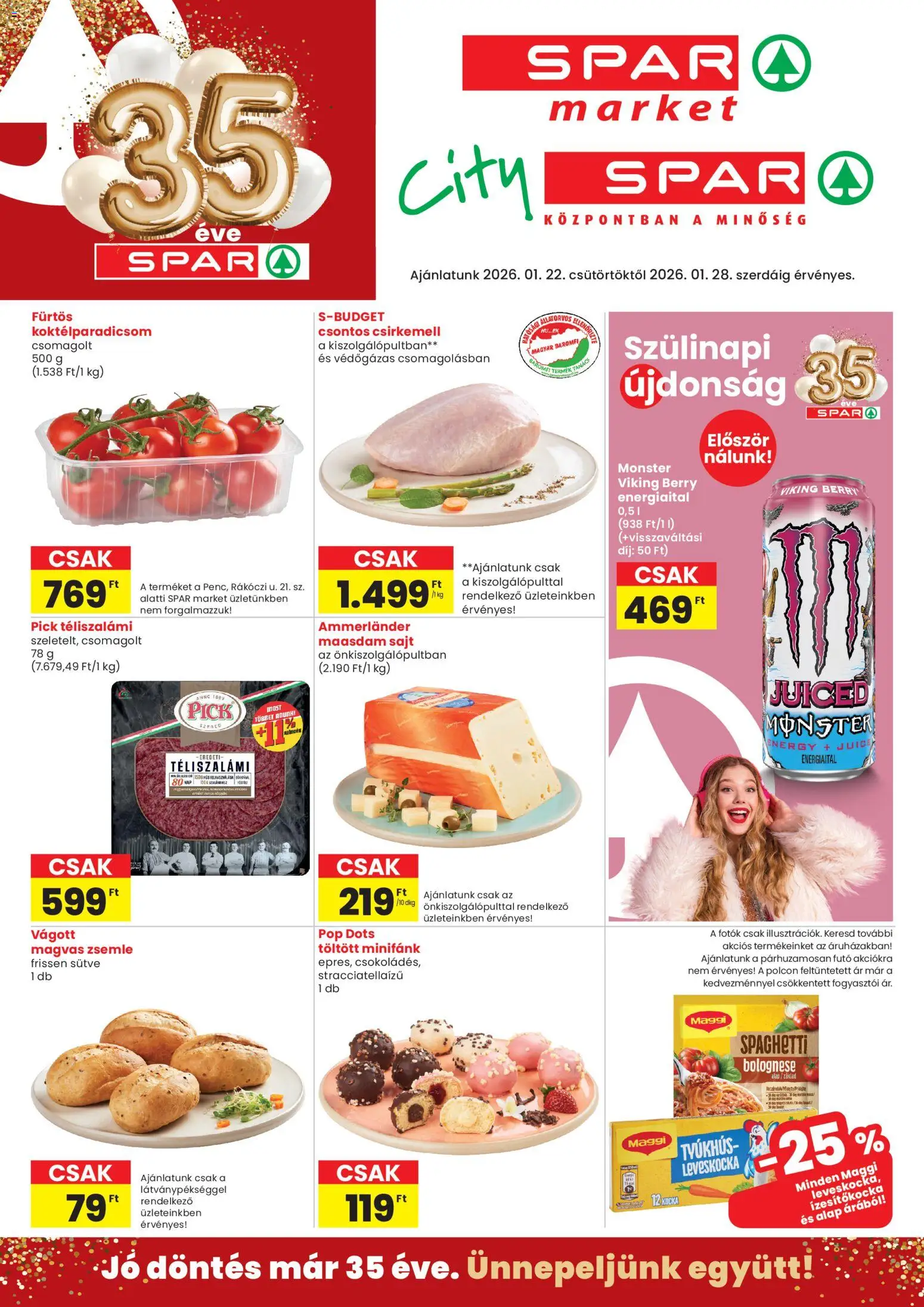 Spar akciós ujság - amely érvényes a következő dátumtól: 22.01.2026 | Oldal: 1 | Termékek: Zsemle, Koktélparadicsom, Maggi, Csirkemell