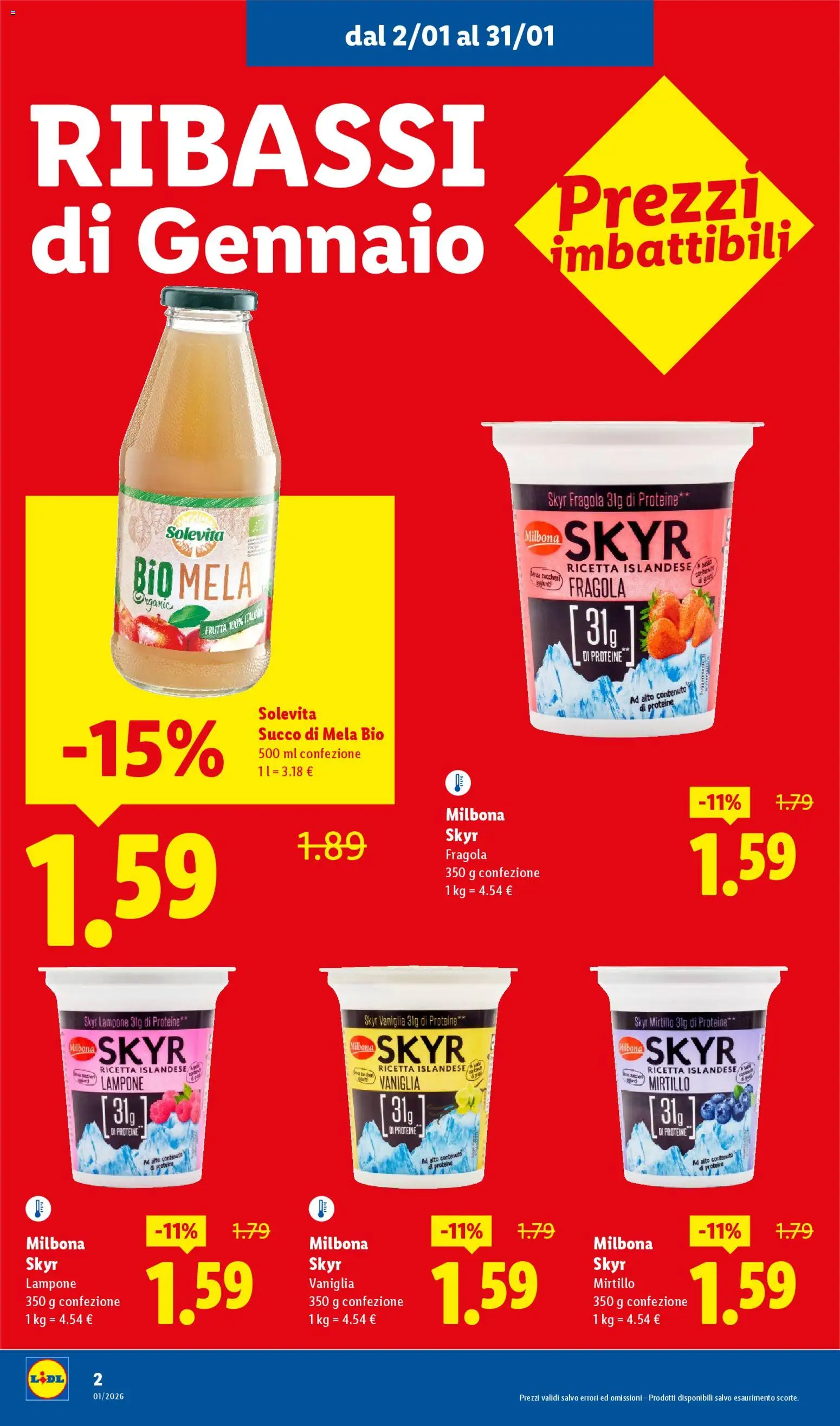Volantino Lidl del 02.01.2026 | Pagina: 2 | Prodotti: Yogurt, Succo, Frutta, Lampone
