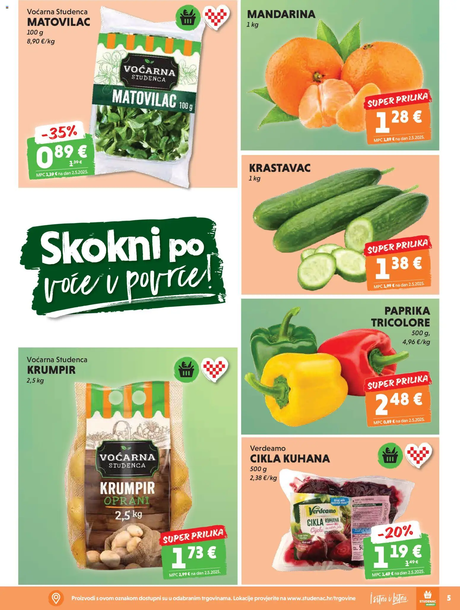 Studenac katalog | vrijedi od 08.04.2026 | Stranica: 5 | Proizvodi: Mandarina, Paprika, Krastavac, Voće