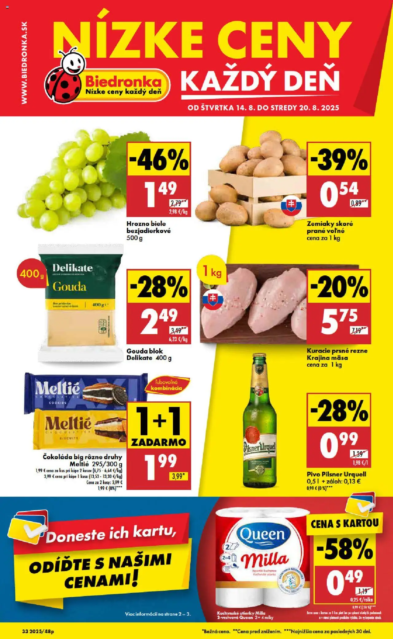 Biedronka leták │ platný od 14.08.2025 | Strana: 1 | Produkty: Pilsner Urquell, Gouda, Čokoláda, Zemiaky