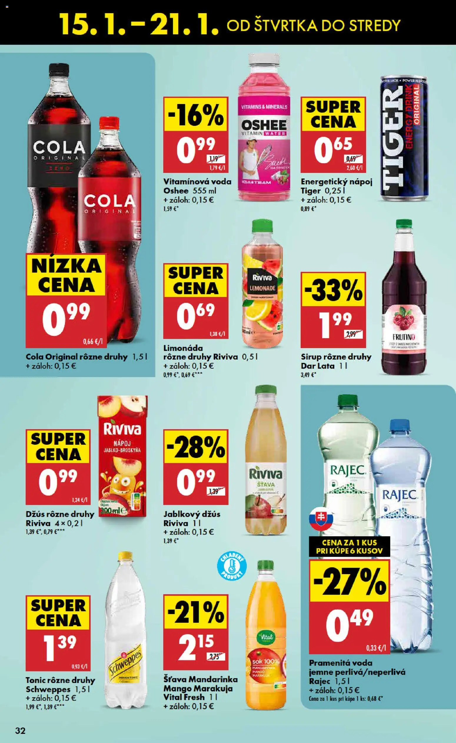 Nové Biedronka akcie – leták je platný od 15.01.2026 | Strana: 32 | Produkty: Džús, Mango, Cola, Energetický nápoj