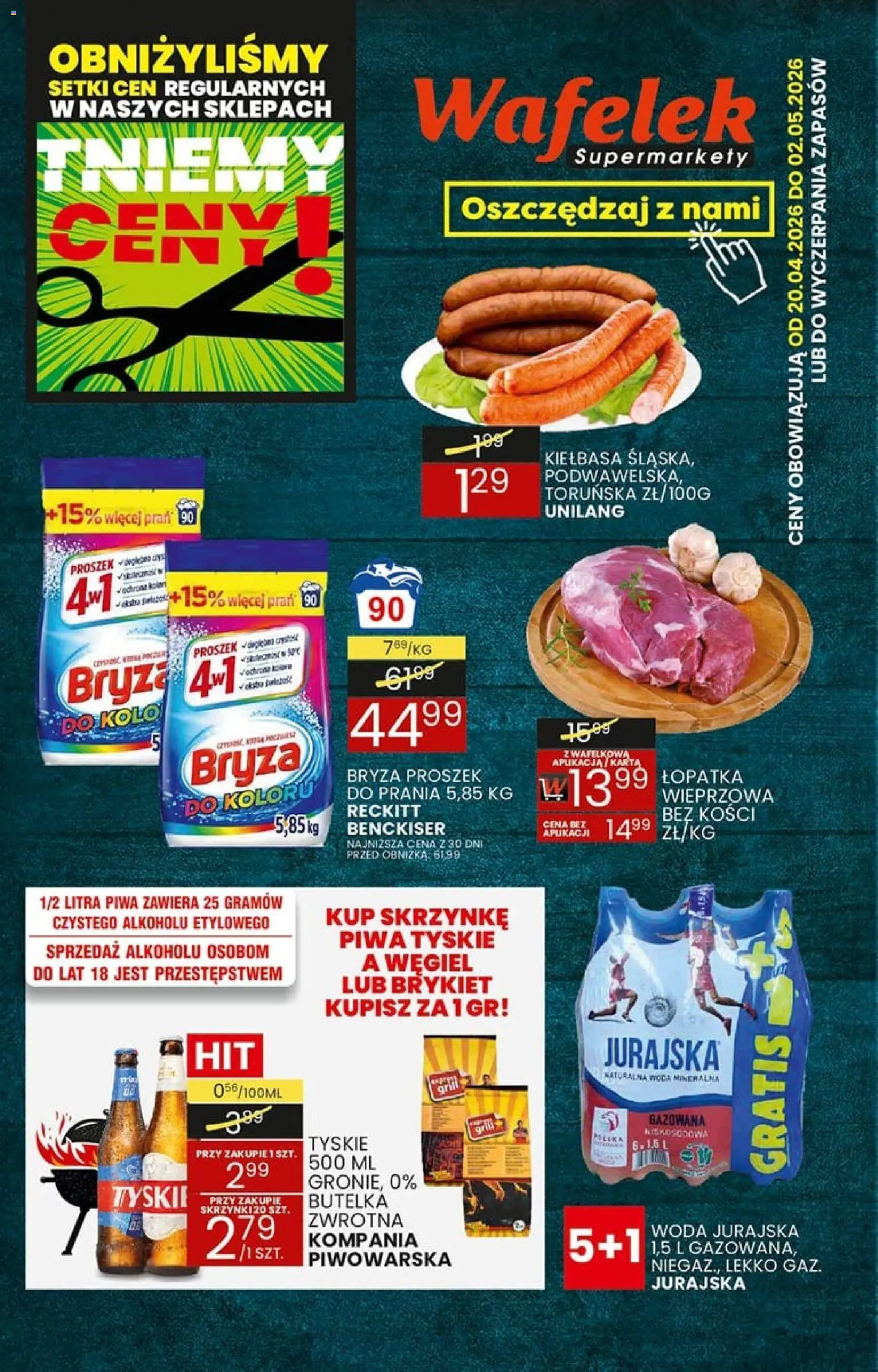 Wafelek gazetka od 20.04.2026 | Strona: 1 | Produkty: Kiełbasa, Karta, Tyskie, Woda