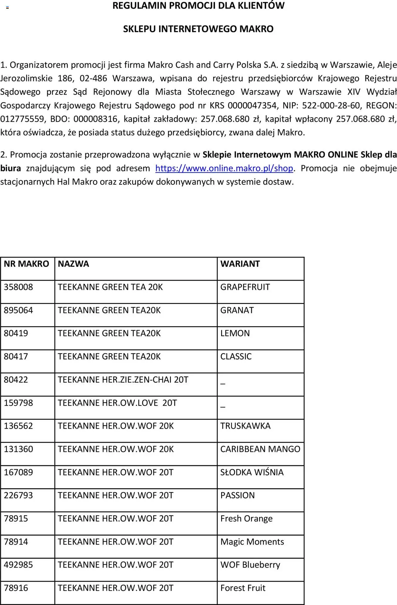 Makro Gazetka - Regulamin akcji Teekanne od 05.08.2025 | Strona: 1 | Produkty: Mango
