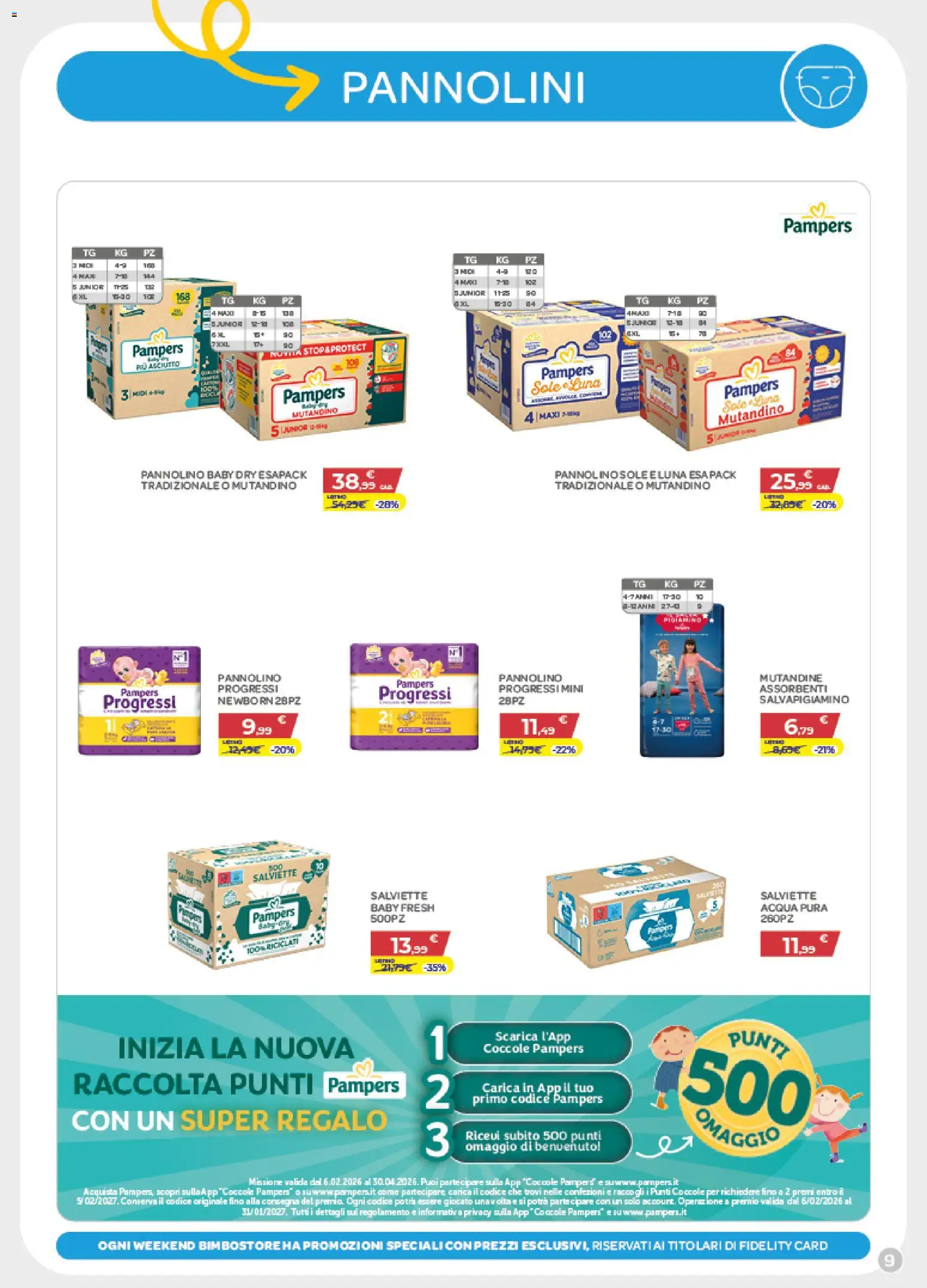 Volantino Bimbo store del 05.02.2026 | Pagina: 9 | Prodotti: Pannolini, Mutandine, Acqua, Pampers