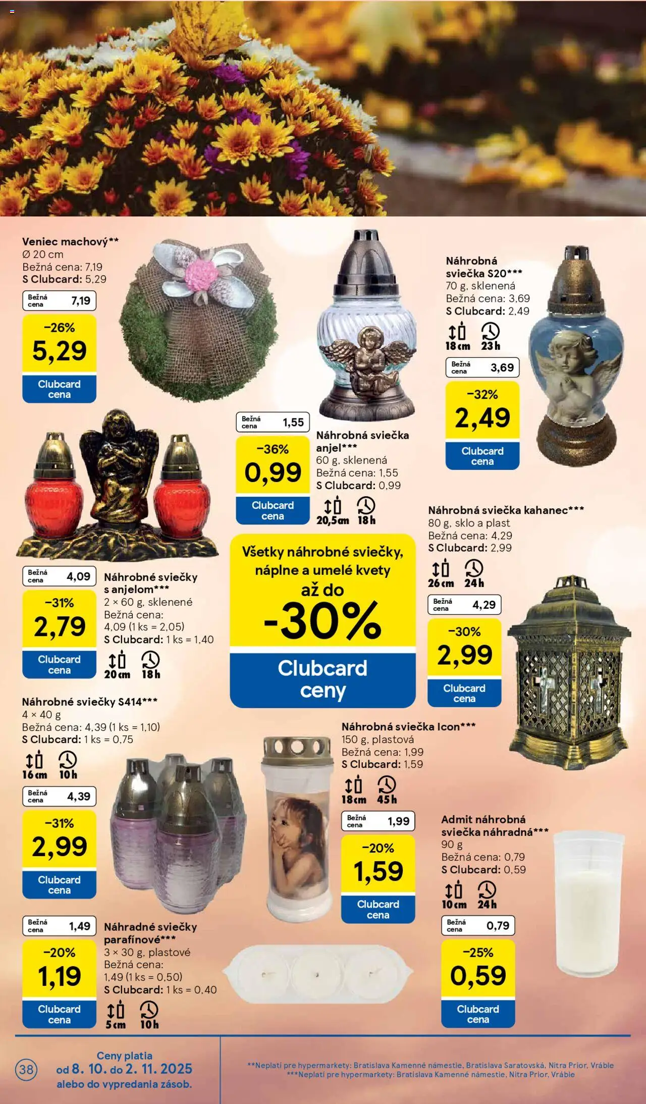 Nové Tesco akcie – leták je platný od 08.10.2025 | Strana: 38 | Produkty: Sviečky, Kvety