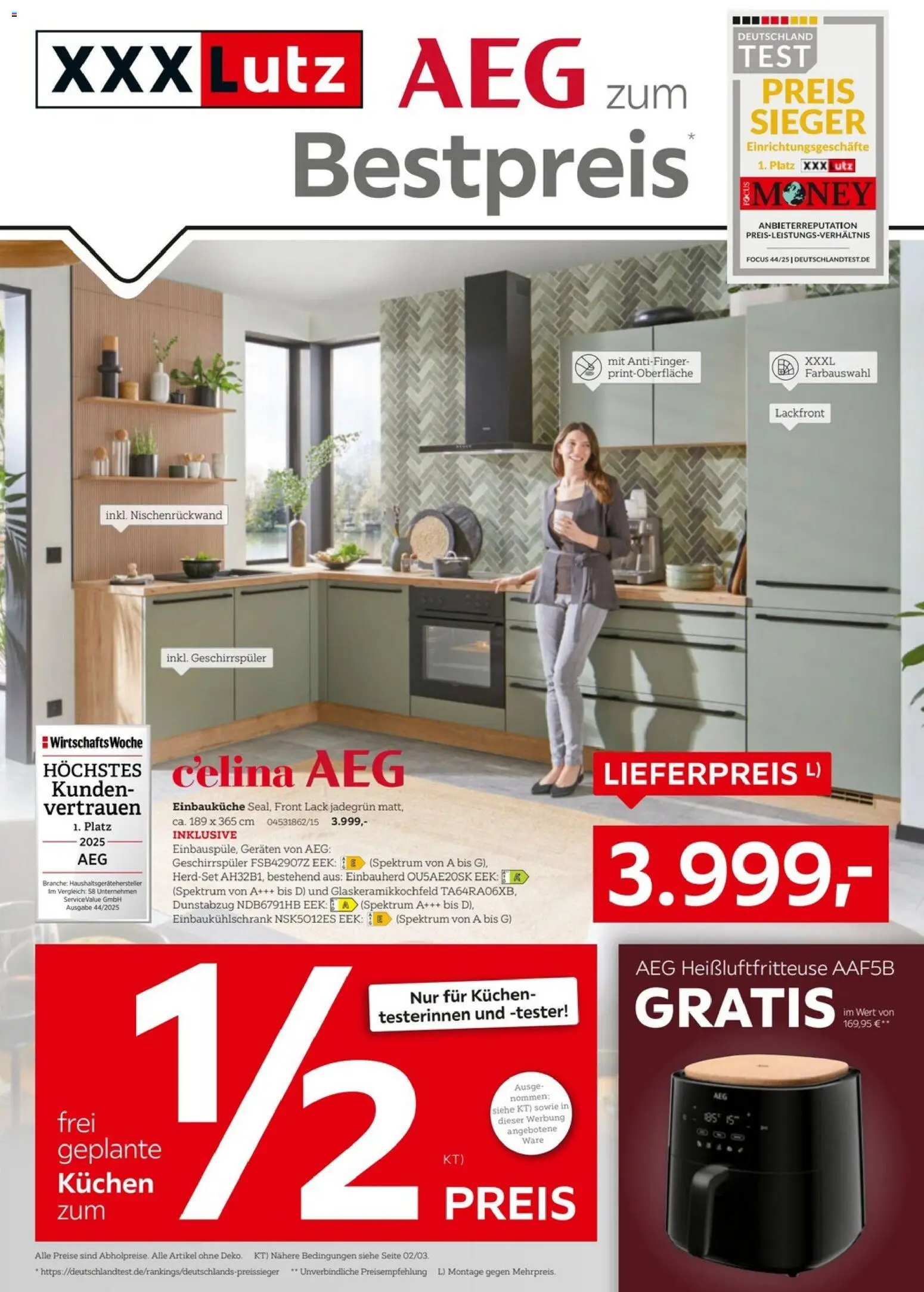 XXXLutz AEG zum Bestpreis – gültig ab 18.04.2025 | Seite: 1 | Produkte: Geschirrspüler, Einbauküche, Kuchen, Heißluftfritteuse