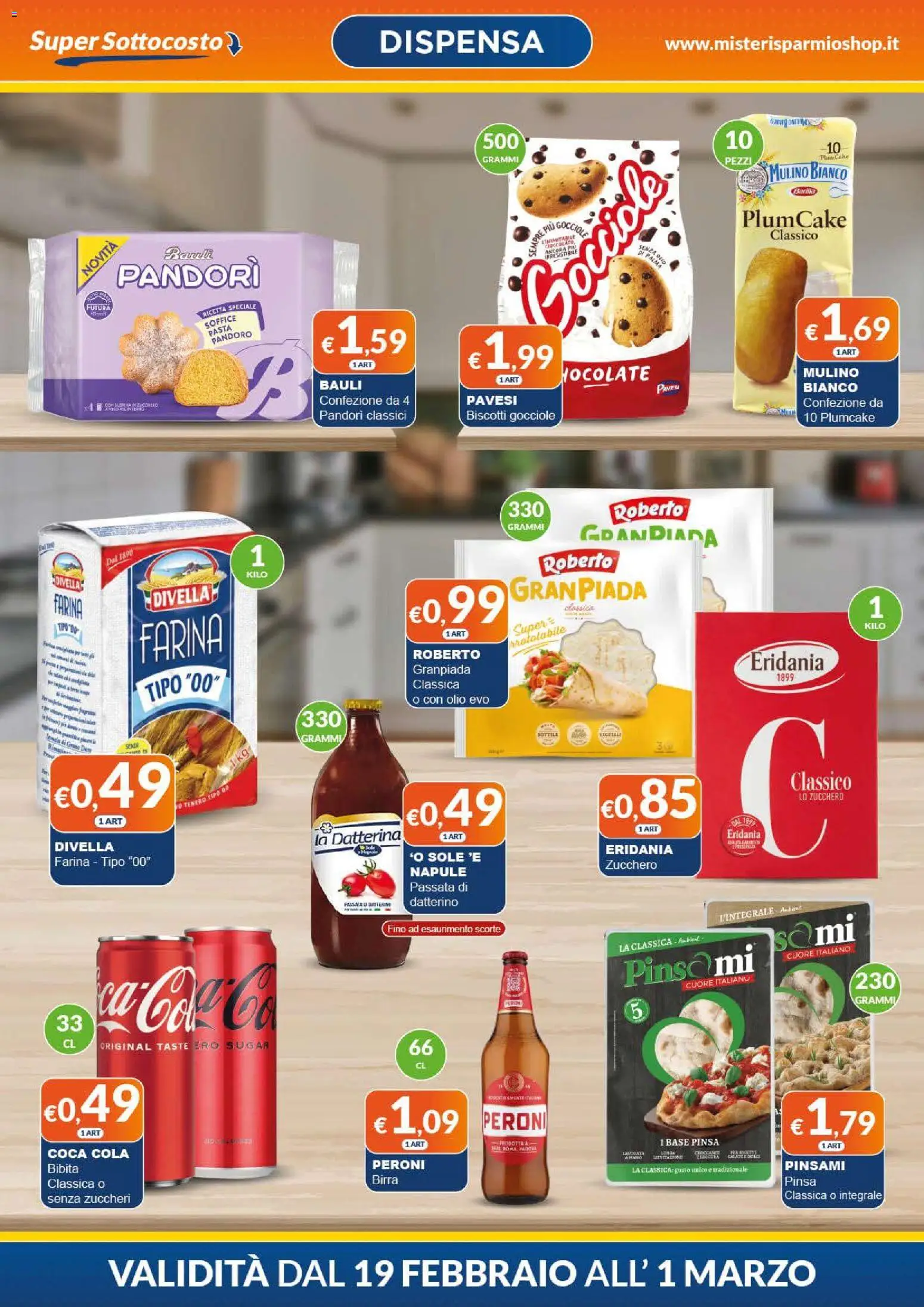Volantino Mister Risparmio del 19.02.2026 | Pagina: 2 | Prodotti: Olio, Pasta, Bibita, Coca Cola