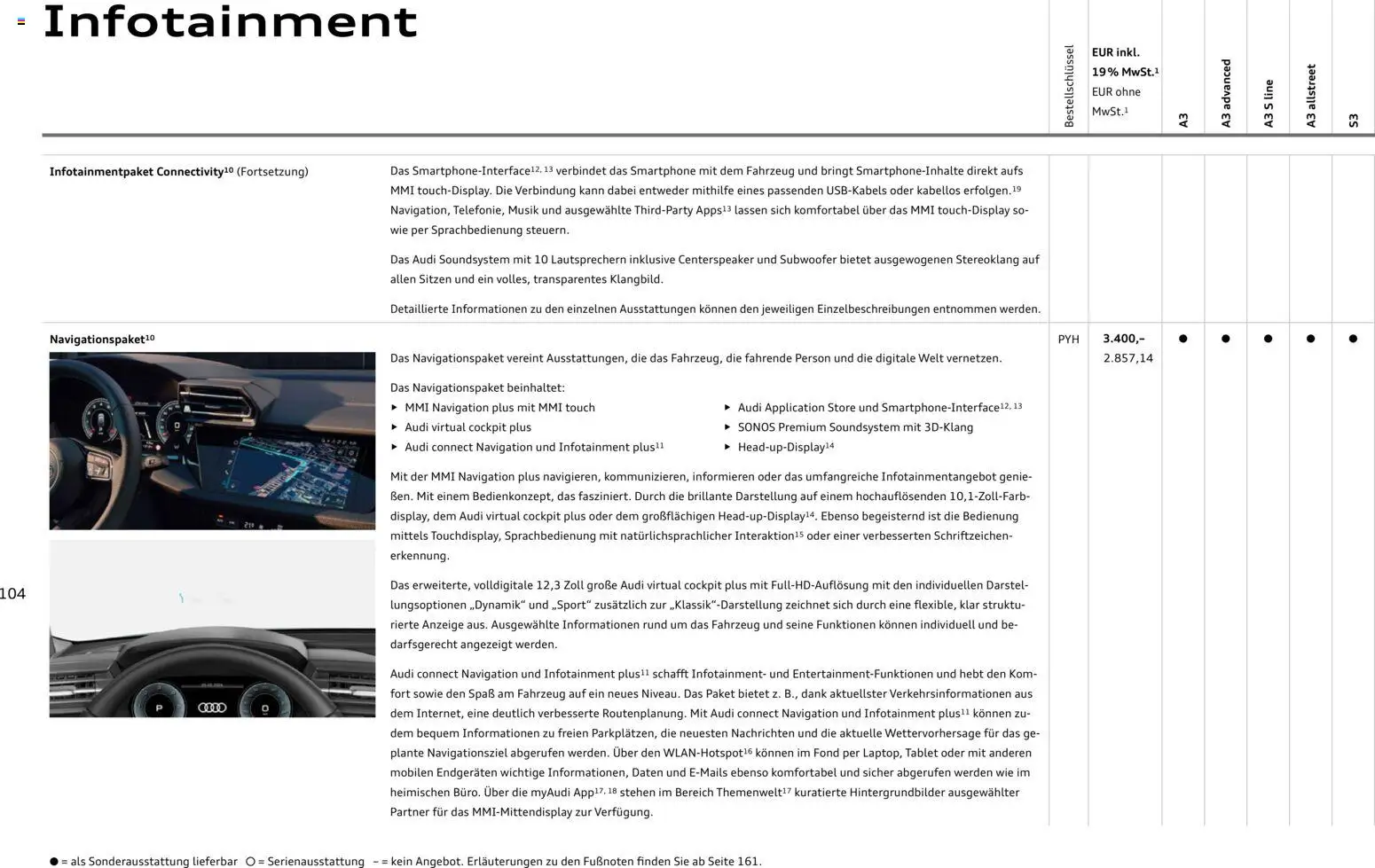 Audi A3 – gültig ab 28.10.2025 | Seite: 104 | Produkte: Navigation, Soundsystem, Smartphone, Tablet
