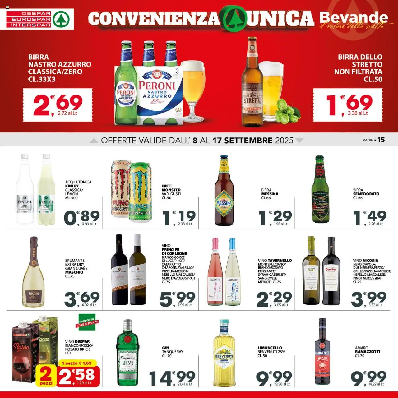 Volantino Interspar del 08.09.2025 | Pagina: 16 | Prodotti: Gin, Acqua tonica, Bibite, Limoncello