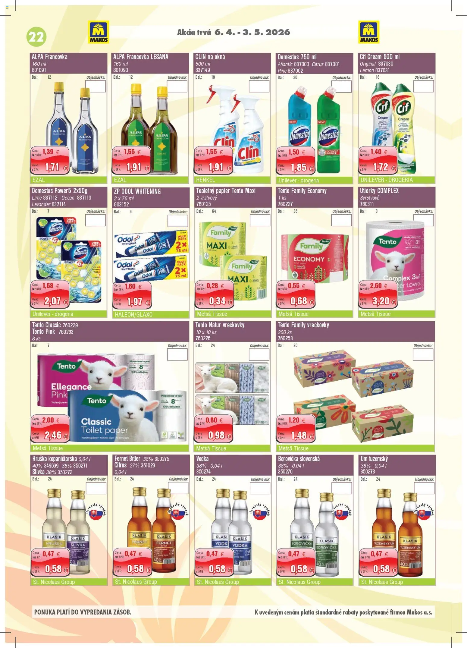 Nové Makos akcie – leták je platný od 06.04.2026 | Strana: 22 | Produkty: Alpa, Fernet, Cif, Domestos