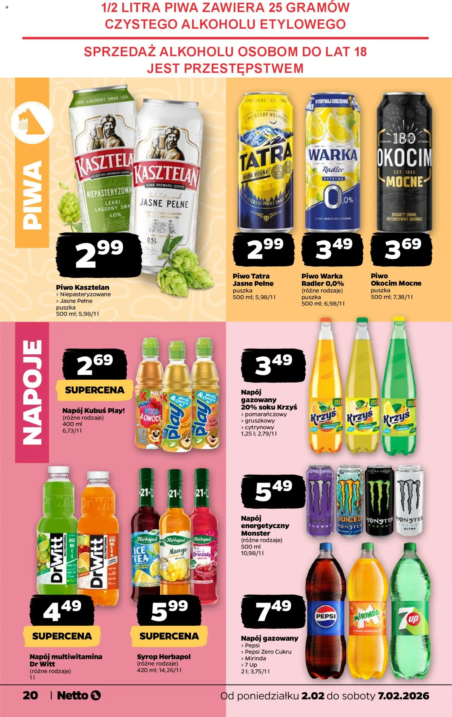 Netto gazetka - Spożywcza od 02.02.2026 | Strona: 20 | Produkty: Syrop, Napoje, Piwo Warka, Woda