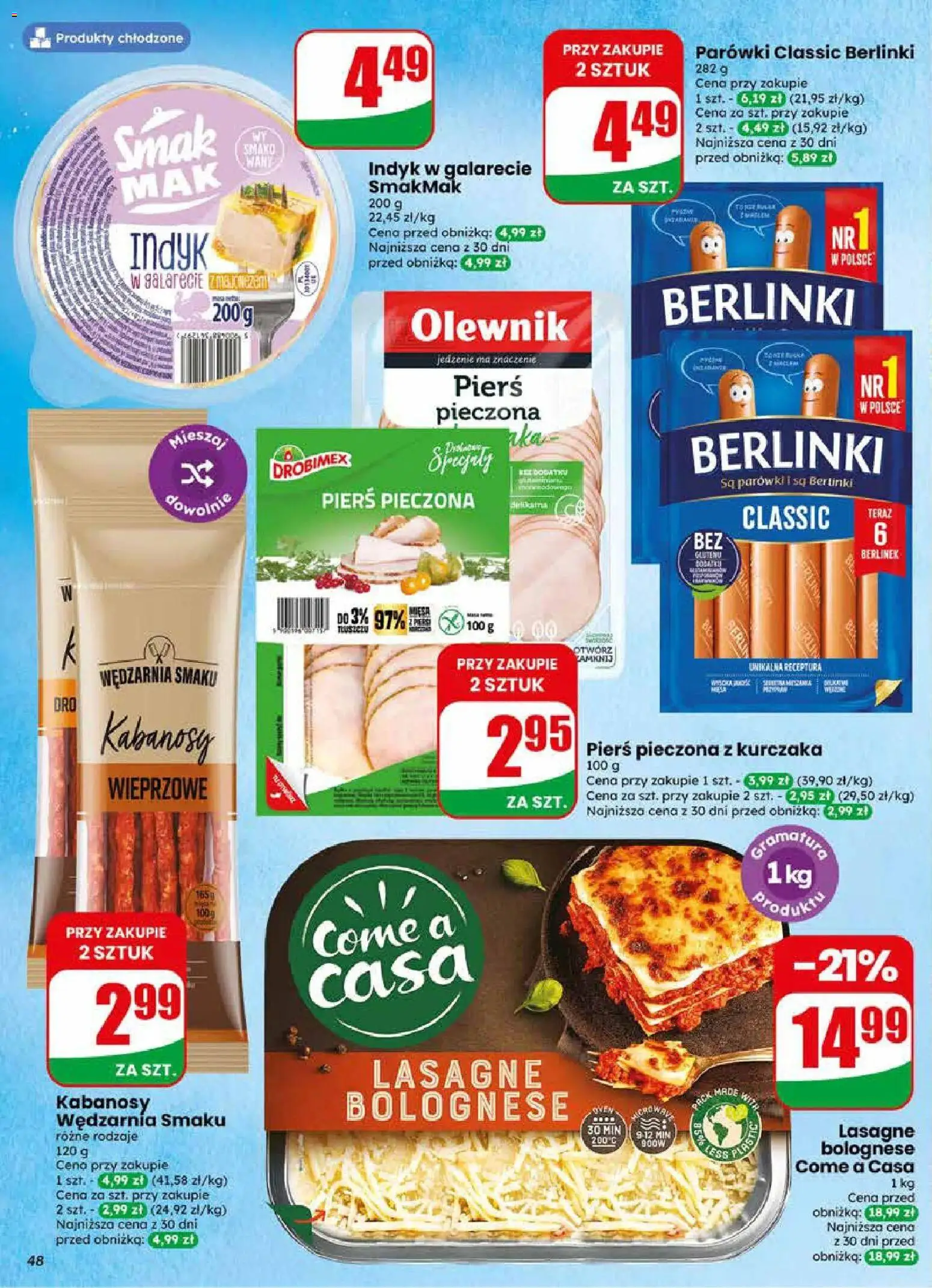 Dino gazetka od 22.04.2026 | Strona: 48 | Produkty: Kabanosy, Parówki, Lasagne, Indyk w galarecie