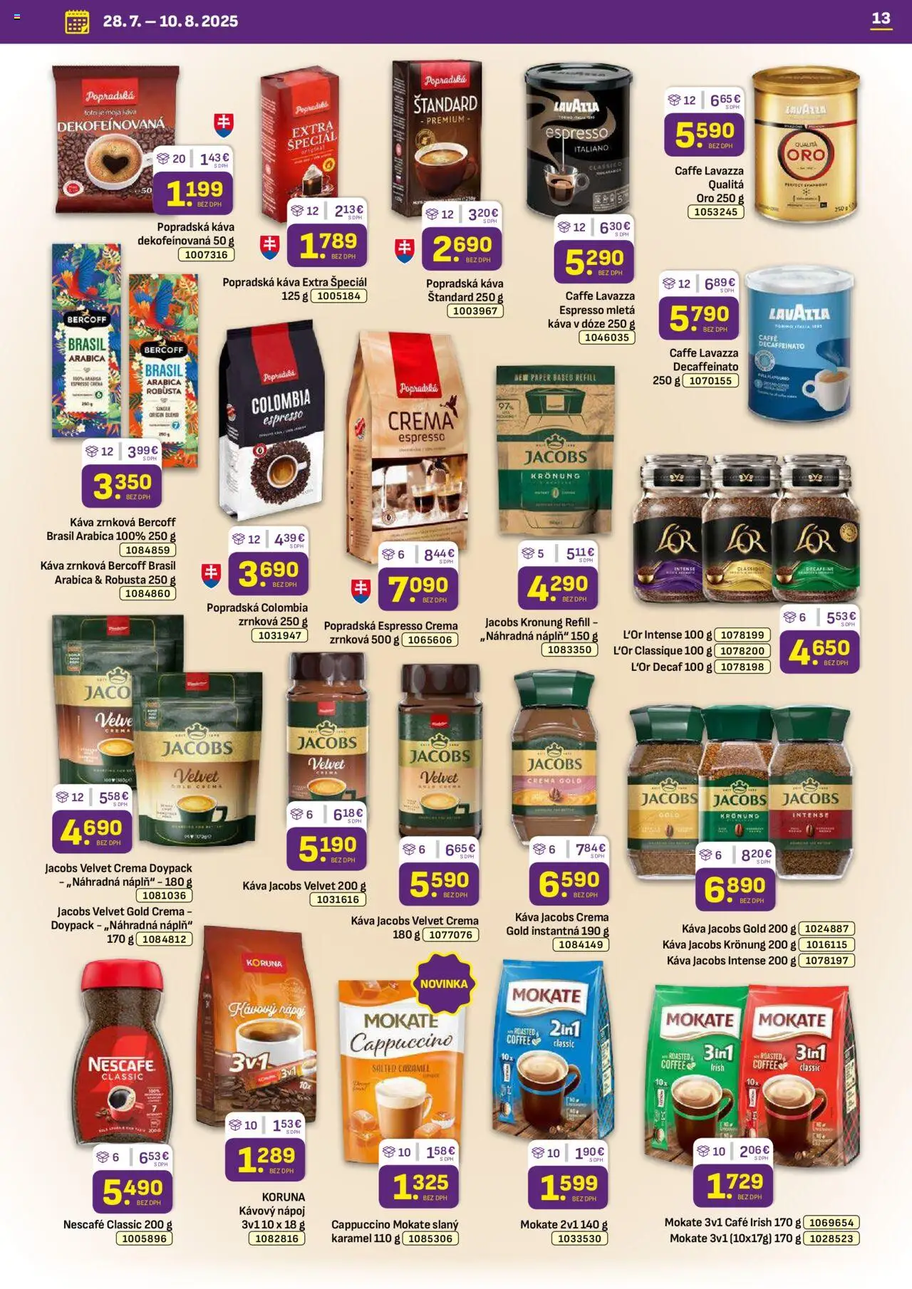 Libex leták │ platný od 28.07.2025 | Strana: 13 | Produkty: Jacobs Velvet, Lavazza, Jacobs Krönung, Nescafé Classic