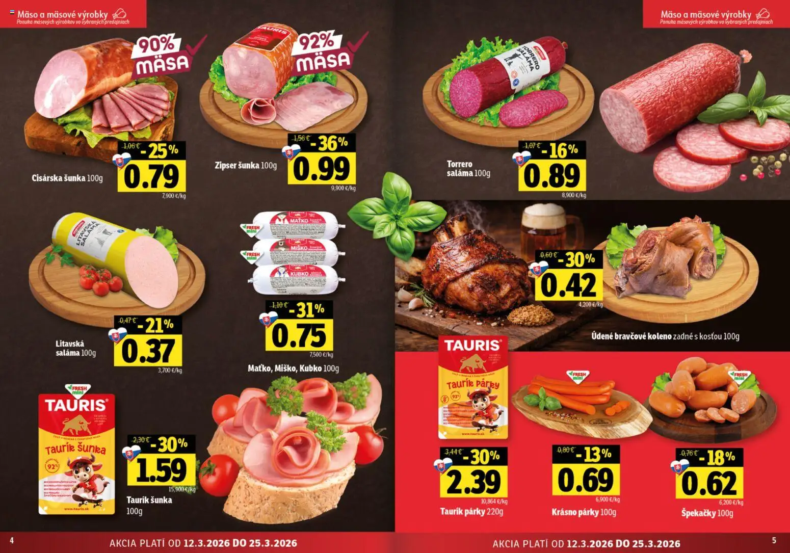 Nové Fresh akcie – leták je platný od 12.03.2026 | Strana: 3 | Produkty: Saláma, Šunka, Bravčové koleno, Párky