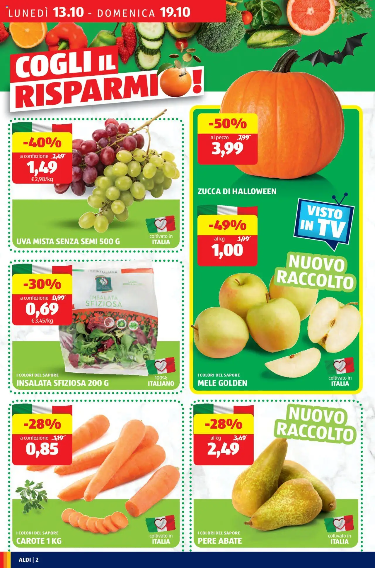 Volantino Aldi del 13.10.2025 | Pagina: 2 | Prodotti: Insalata, Carote, Zucca, Uva