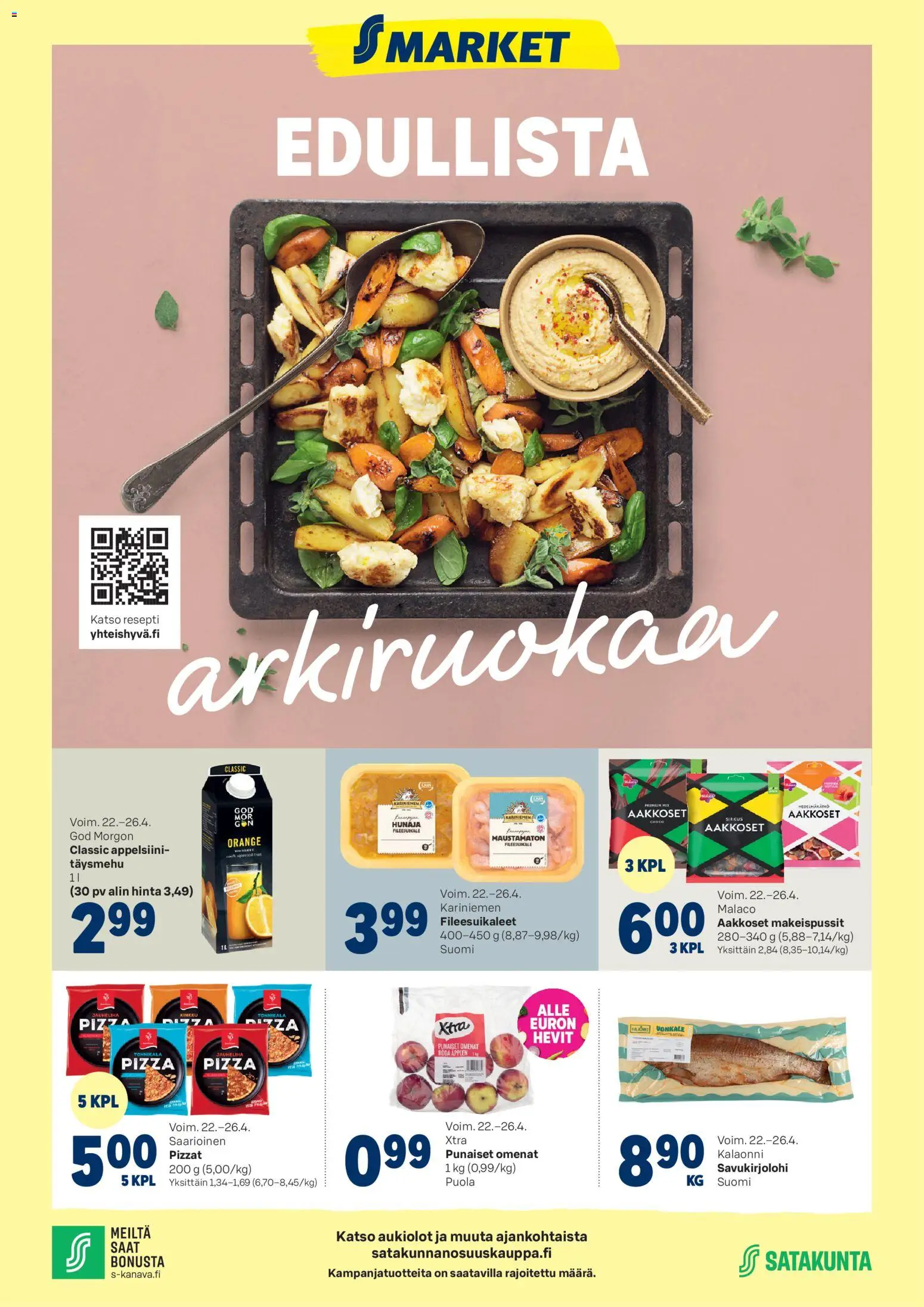 S-market tarjoukset – voimassa 22.04.2026 alkaen | Sivu: 1 | Tuotteet: Pizza, Omenat, Tonnikala, Hunaja