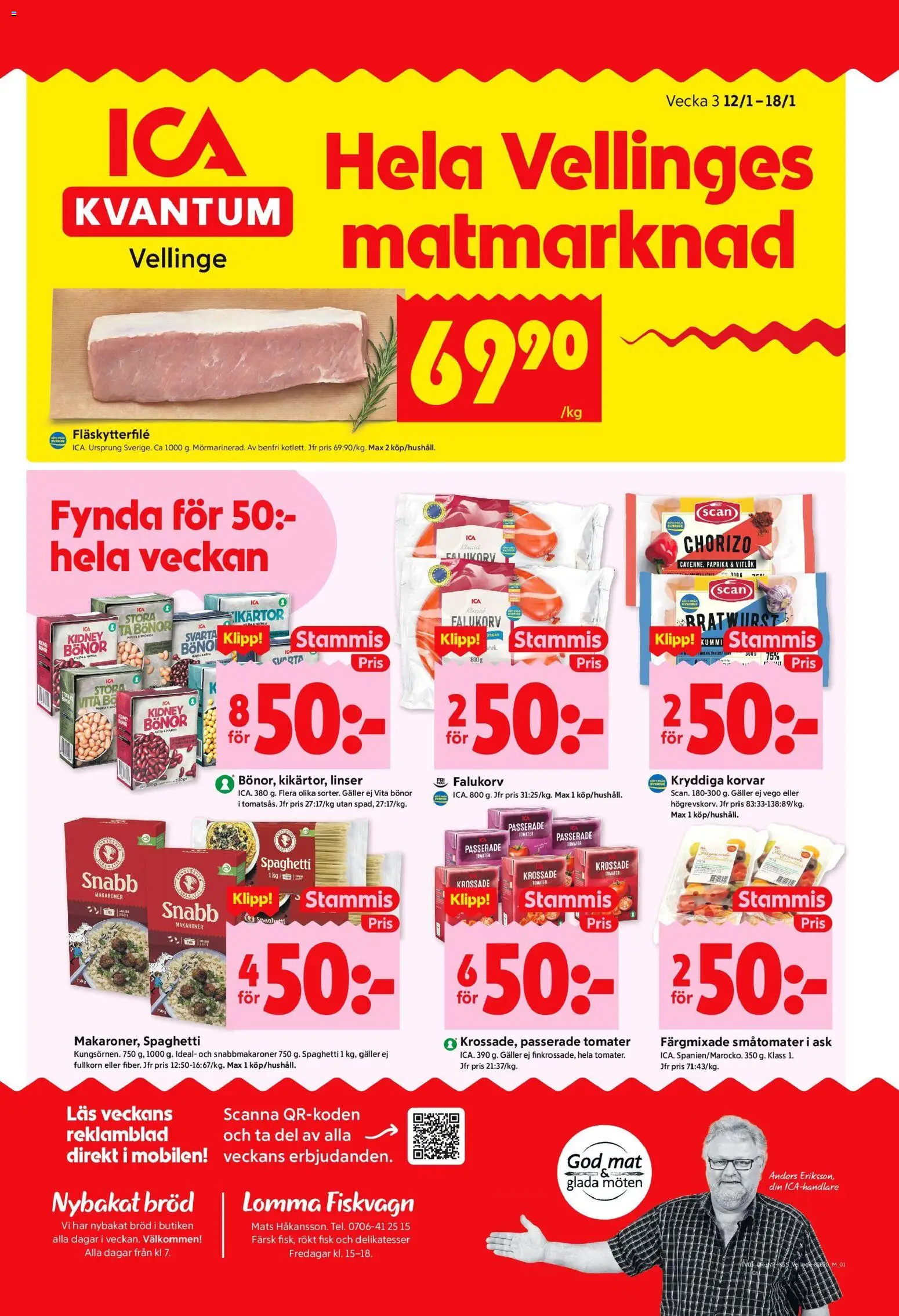ICA Kvantum reklamblad aktuell från 12.01.2026 | Sida: 1 | Produkter: Linser, Falukorv, Bröd, Bönor