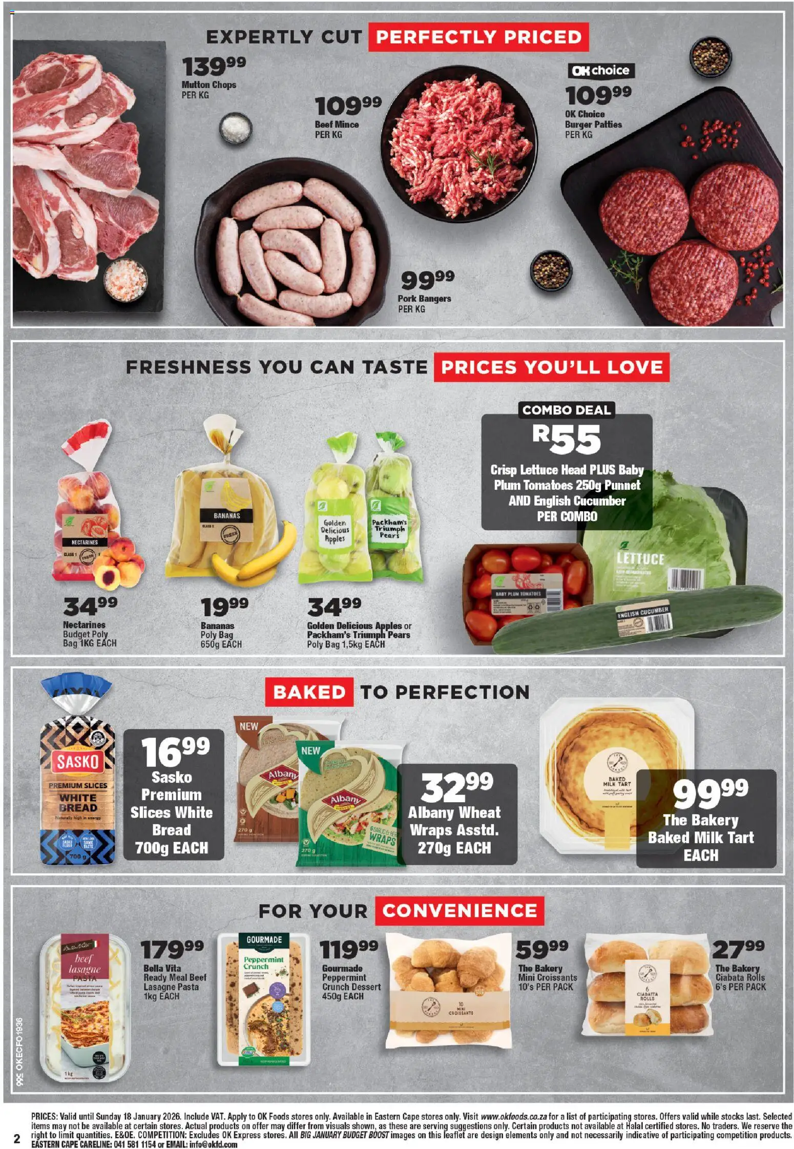 New OK Foods catalogue – valid from 05.01.2026 | Page: 2 | Products: Pears, Milk, Tomatoes, Pasta