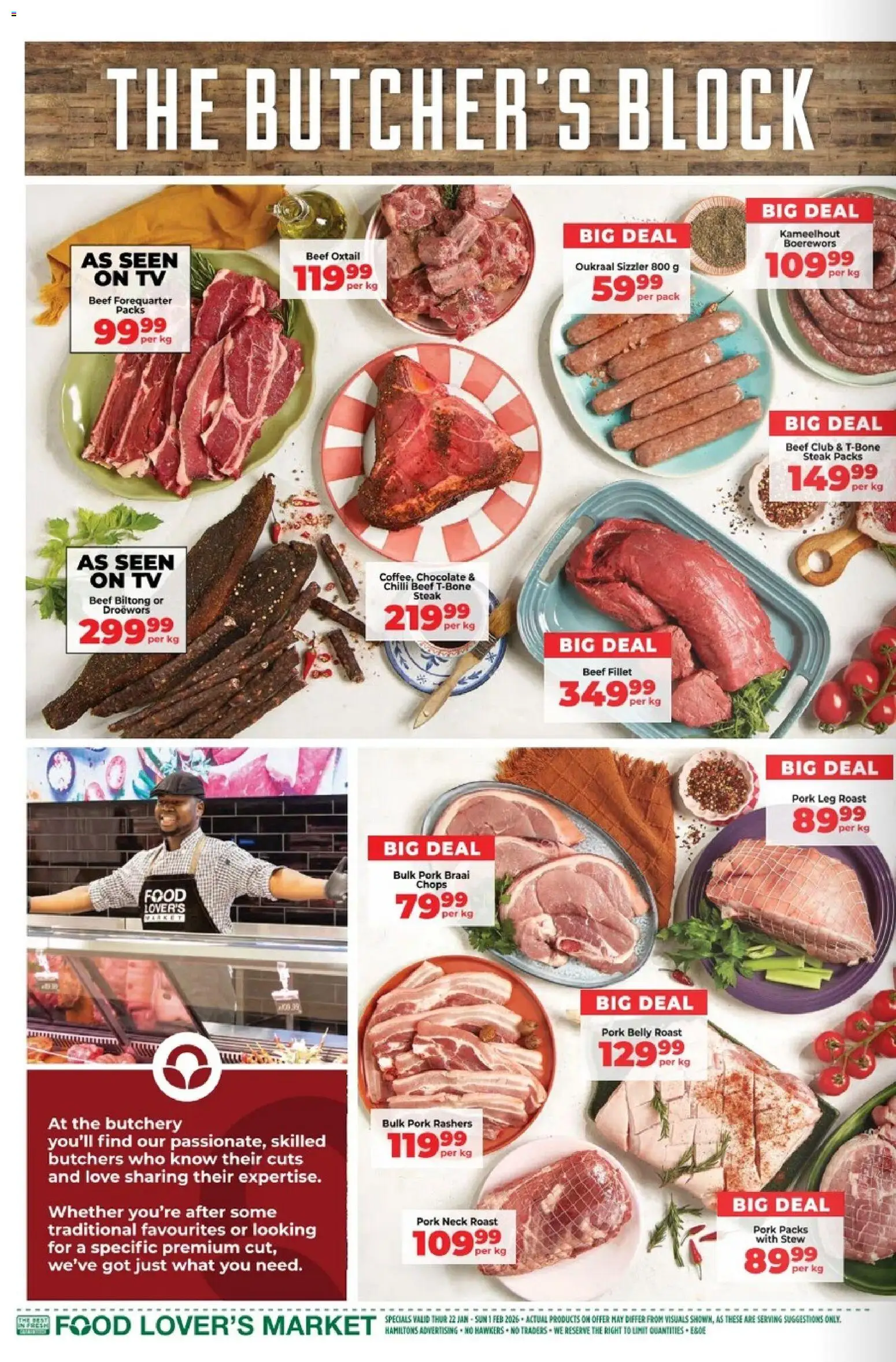New Food Lover's Market catalogue – valid from 22.01.2026 | Page: 8 | Products: TV, Boerewors, Chocolate, Pork