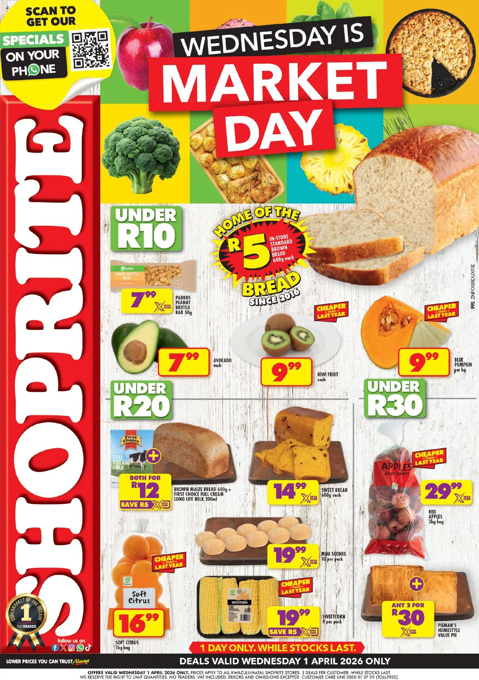 New Shoprite catalogue – valid from 01.04.2026 | Page: 1 | Products: Corn, Phone, Bread, Fruit